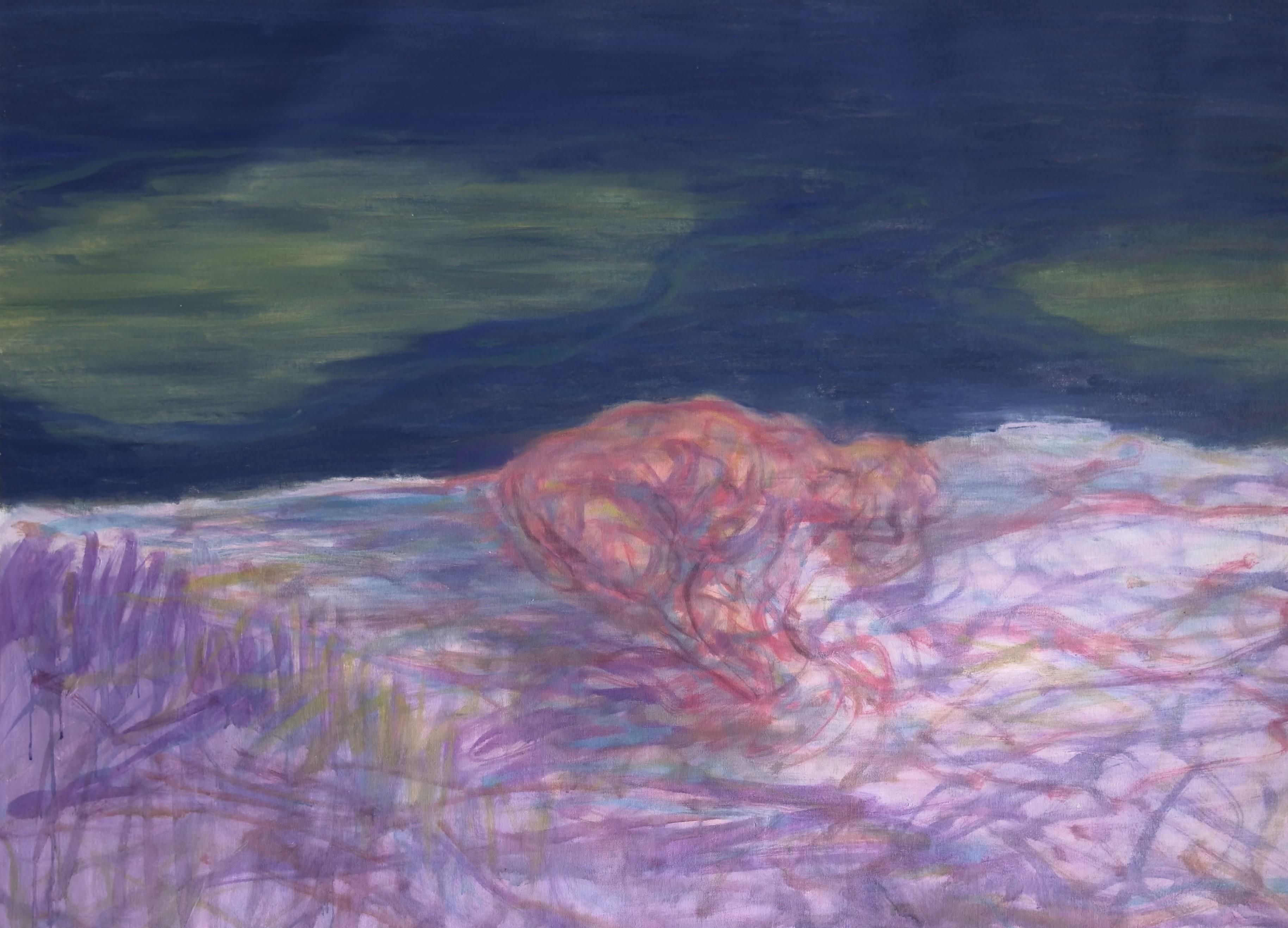Body in the Field #2 - 21. Jahrhundert, abstraktes Gemälde, Landschaft, blau, rosa, rosa – Painting von Zsolt Berszán