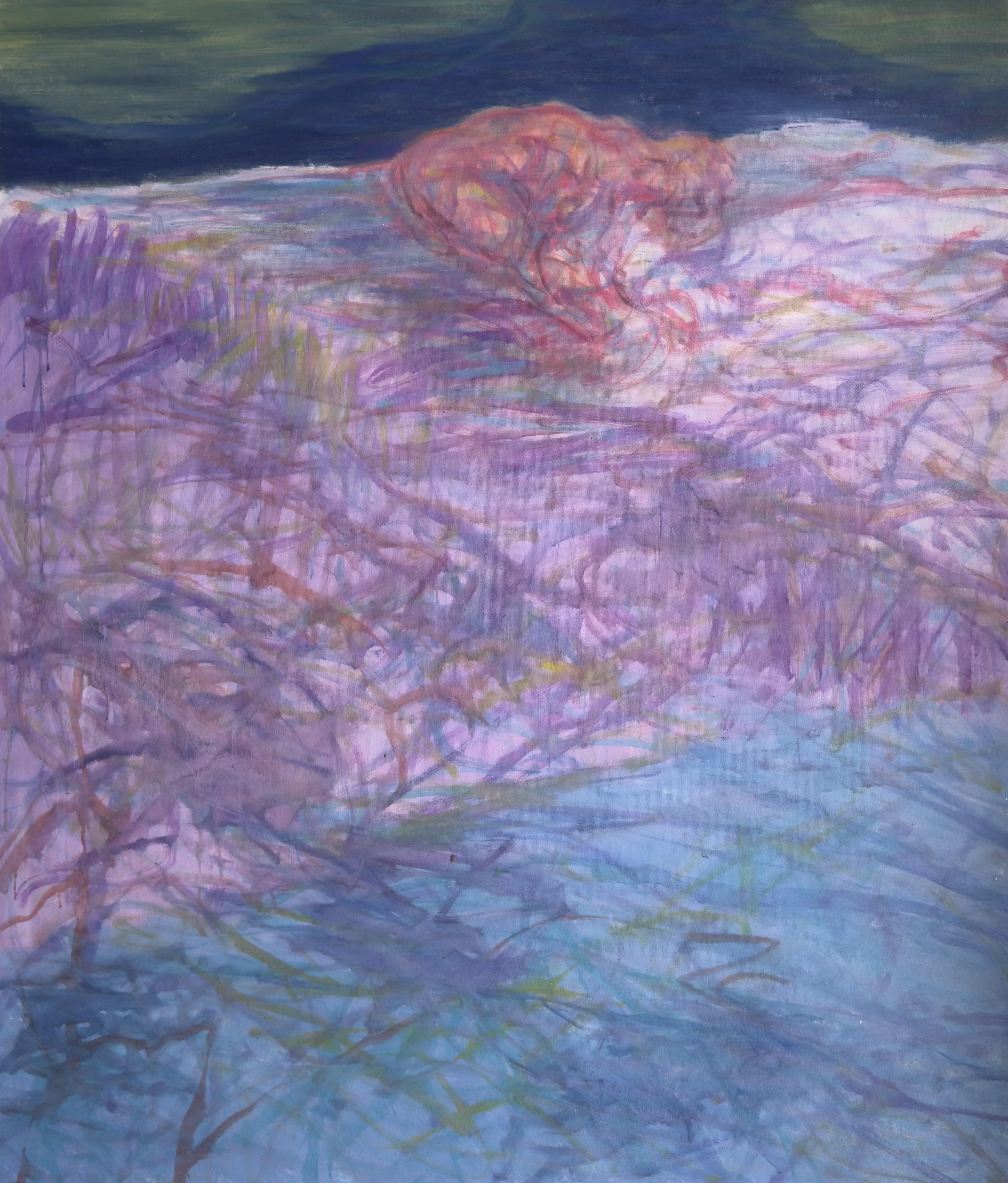 Body in the Field #2 - 21. Jahrhundert, abstraktes Gemälde, Landschaft, blau, rosa, rosa (Abstrakter Expressionismus), Painting, von Zsolt Berszán