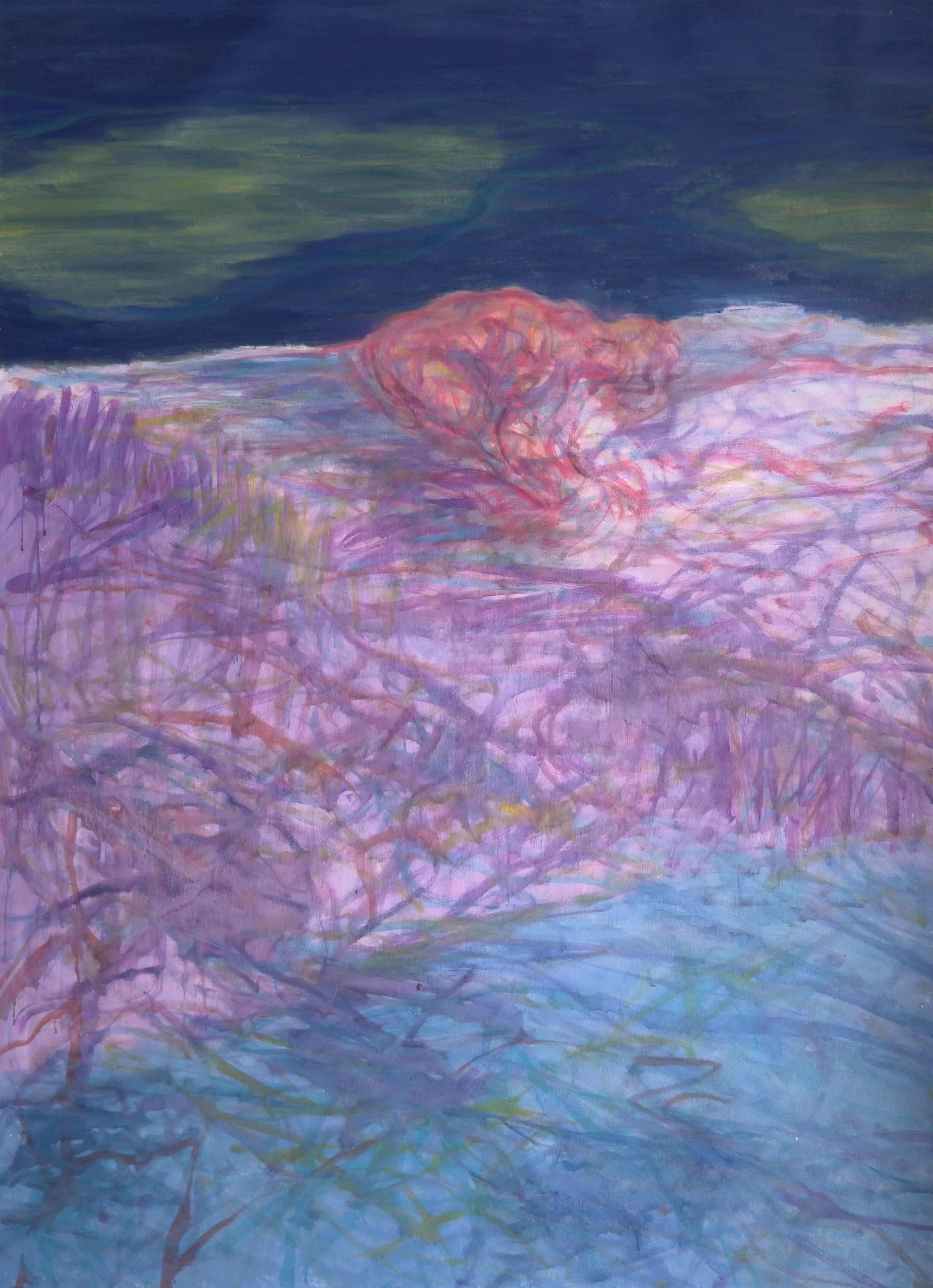 Zsolt Berszán Abstract Painting – Body in the Field #2 - 21. Jahrhundert, abstraktes Gemälde, Landschaft, blau, rosa, rosa