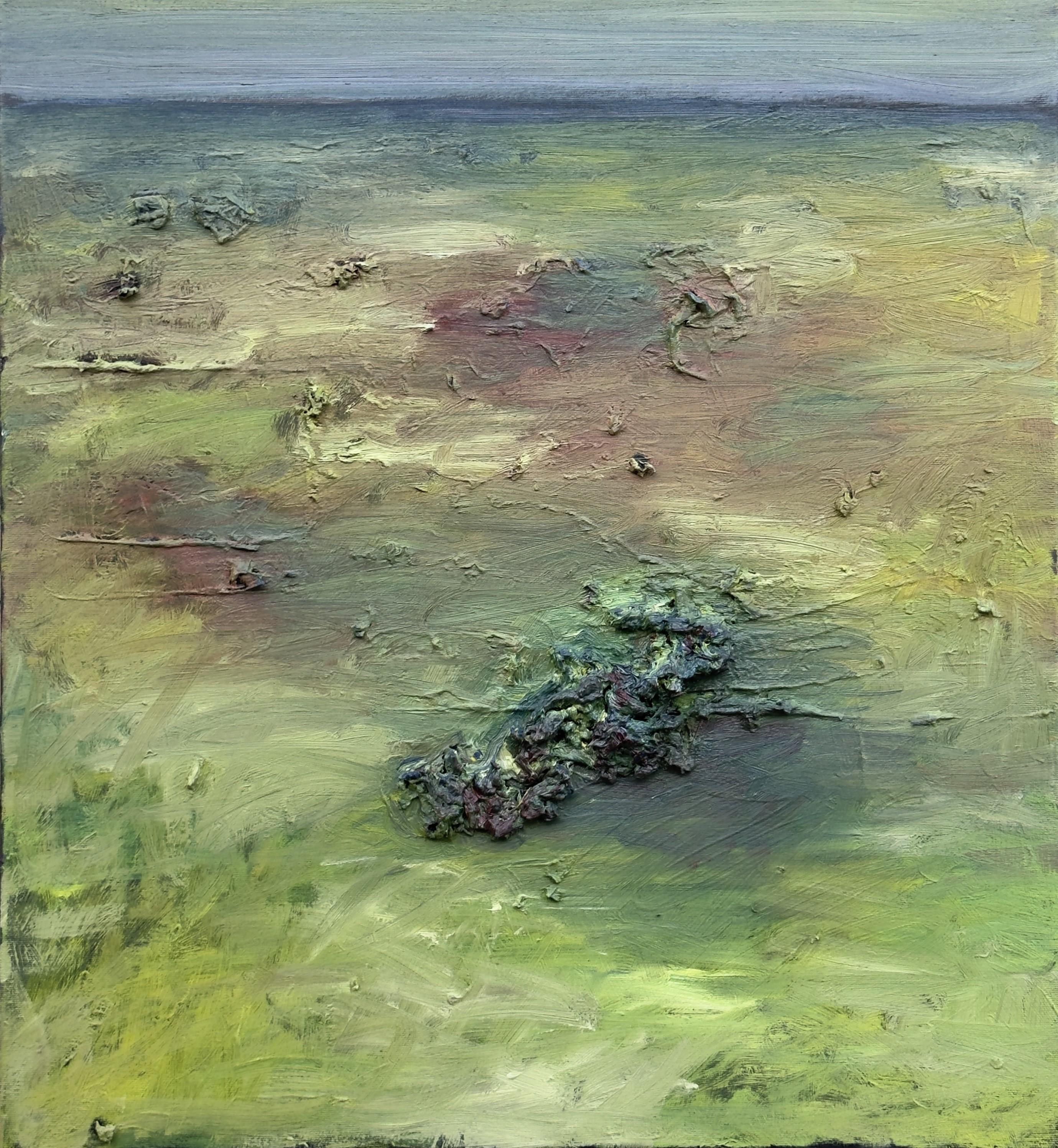 Corpo in campo #2 - 21° secolo, pittura astratta, paesaggio, verde, giallo - Painting Espressionismo astratto di Zsolt Berszán