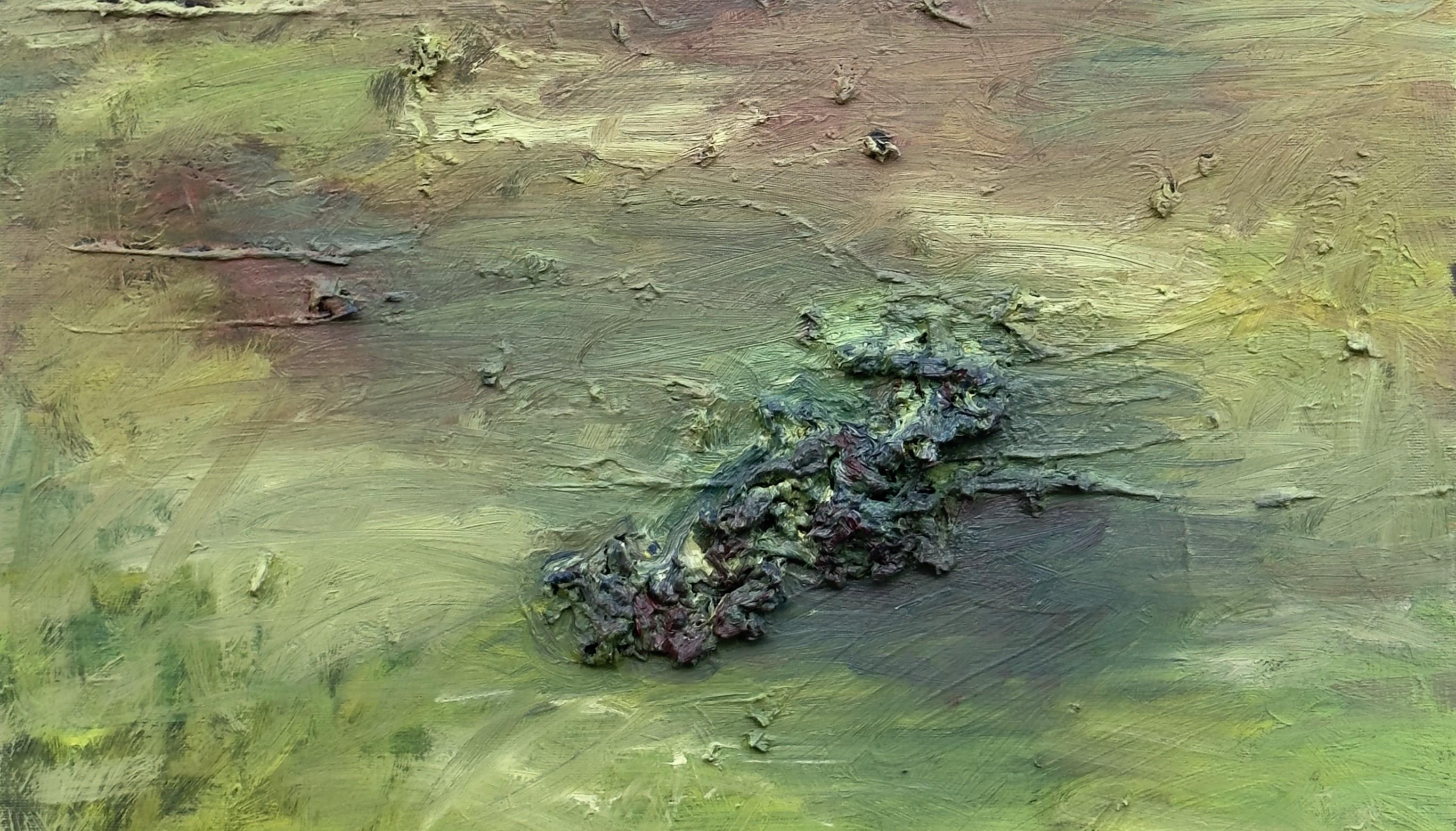 Corpo in campo #2 - 21° secolo, pittura astratta, paesaggio, verde, giallo - Landscape Painting Grigio di Zsolt Berszán