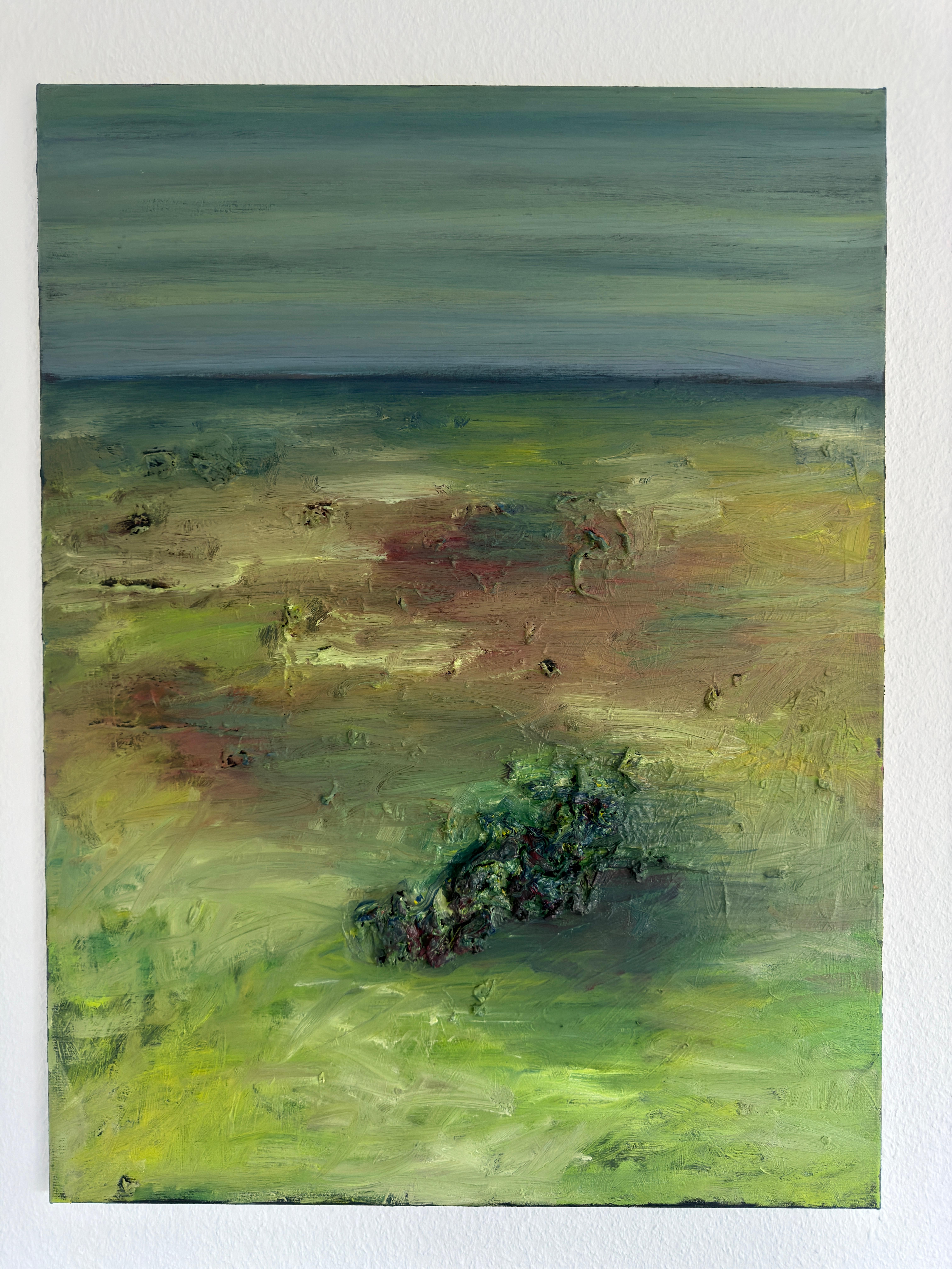 Corpo in campo #2 - 21° secolo, pittura astratta, paesaggio, verde, giallo in vendita 1