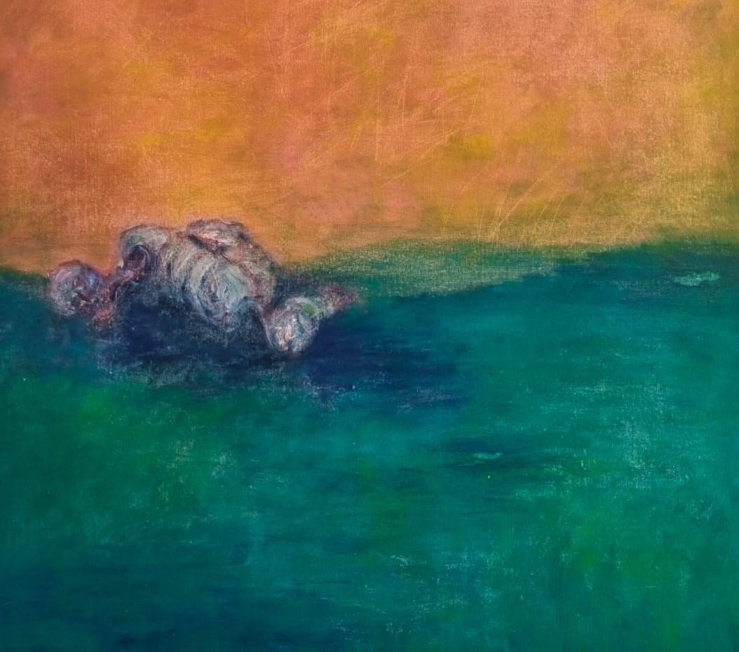Body in the Field 2 - 21st Century, vert, orange, contemporain - Painting de Zsolt Berszán