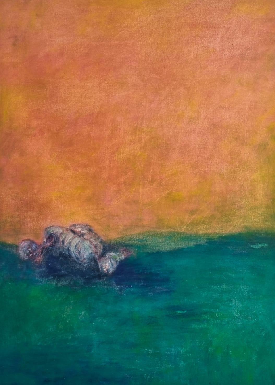 Figurative Painting di Zsolt Berszán - Corpo in campo 2 - 21° secolo, Greene & Greene, Arancione, Contemporaneo