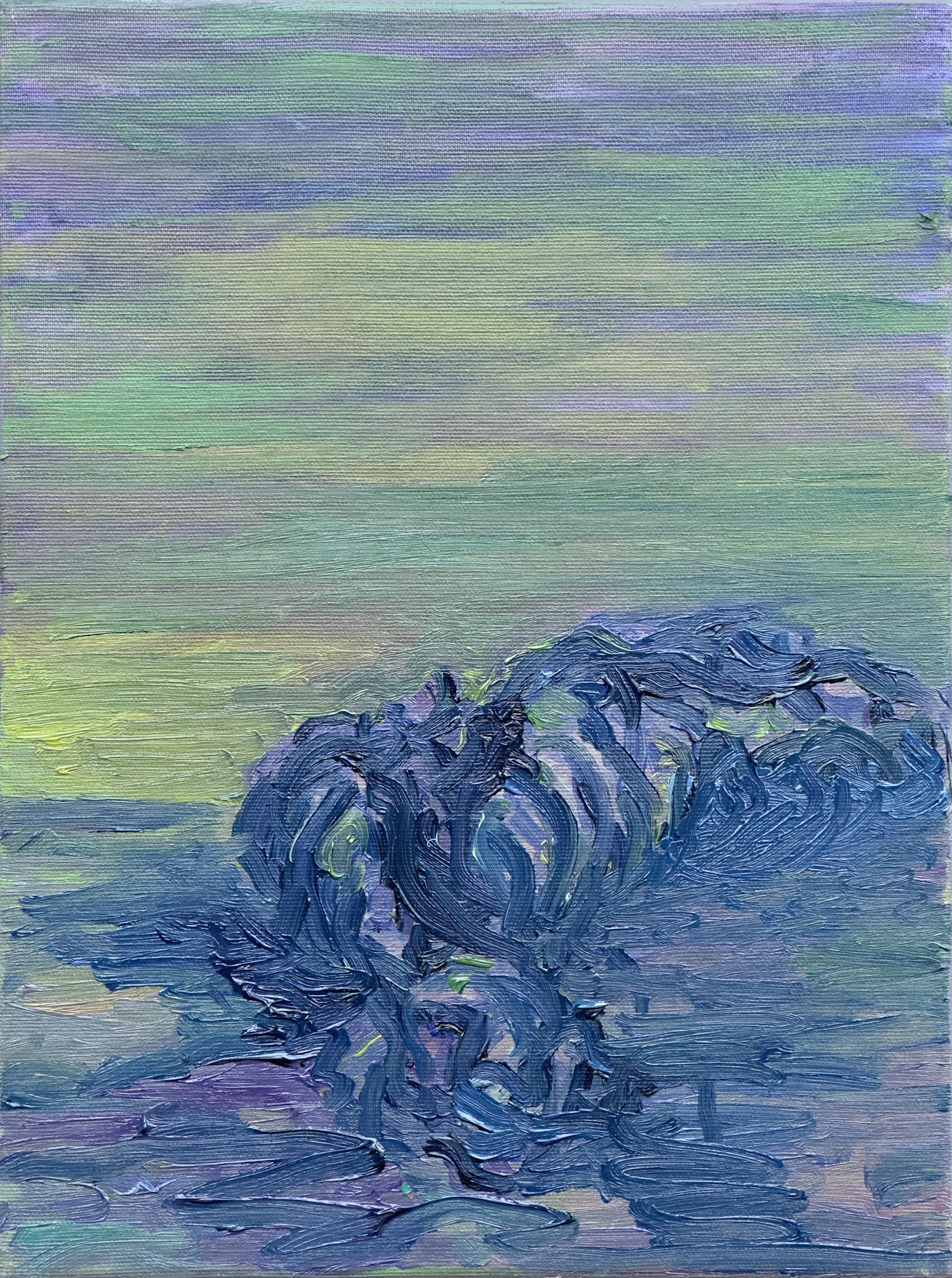 Figurative Painting di Zsolt Berszán - Corpo in campo #2 - 21° secolo, pittura a olio, paesaggio, verde, blu