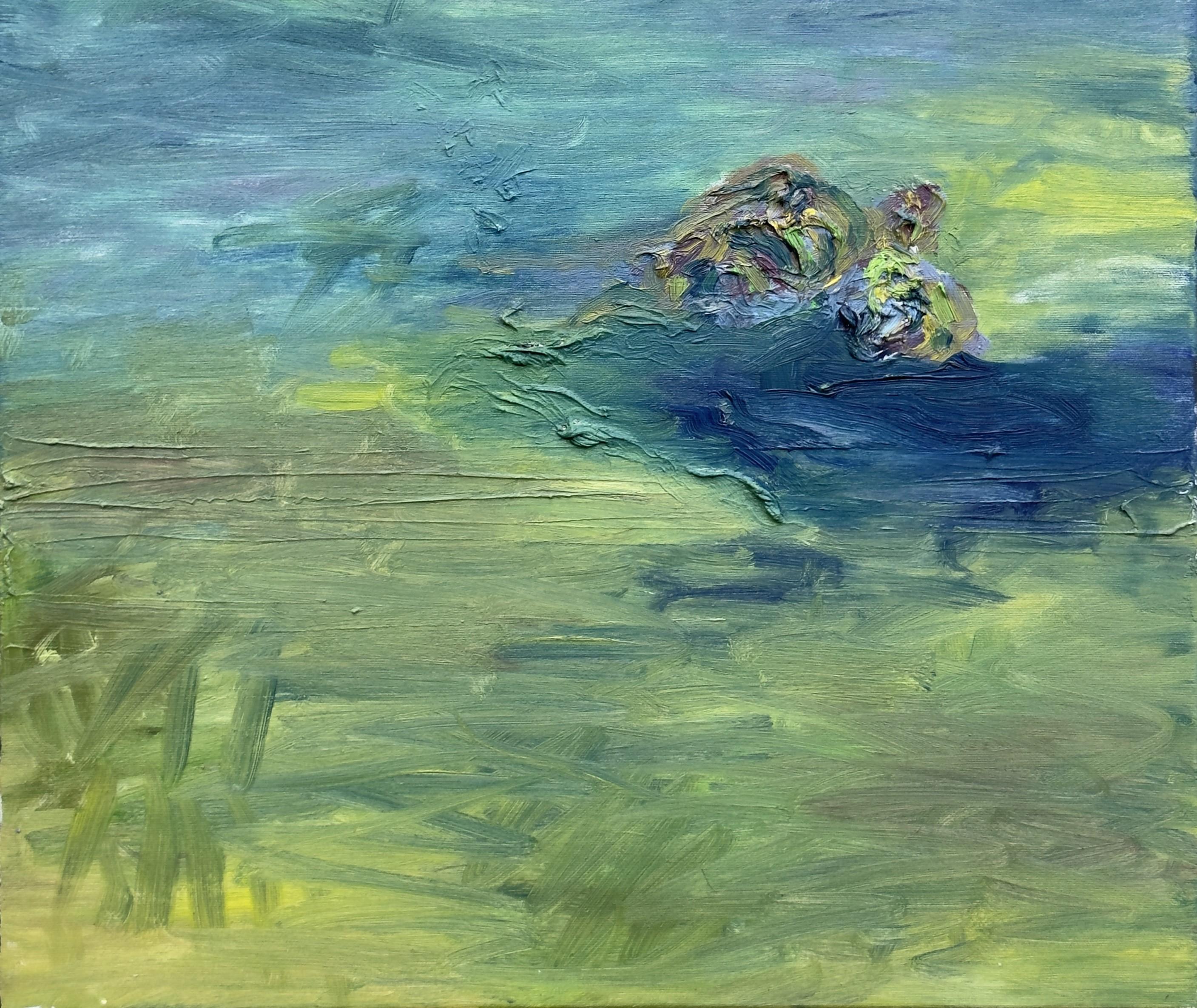 Corpo in campo #3 - 21° secolo, pittura astratta, paesaggio, verde, blu - Painting Espressionismo astratto di Zsolt Berszán