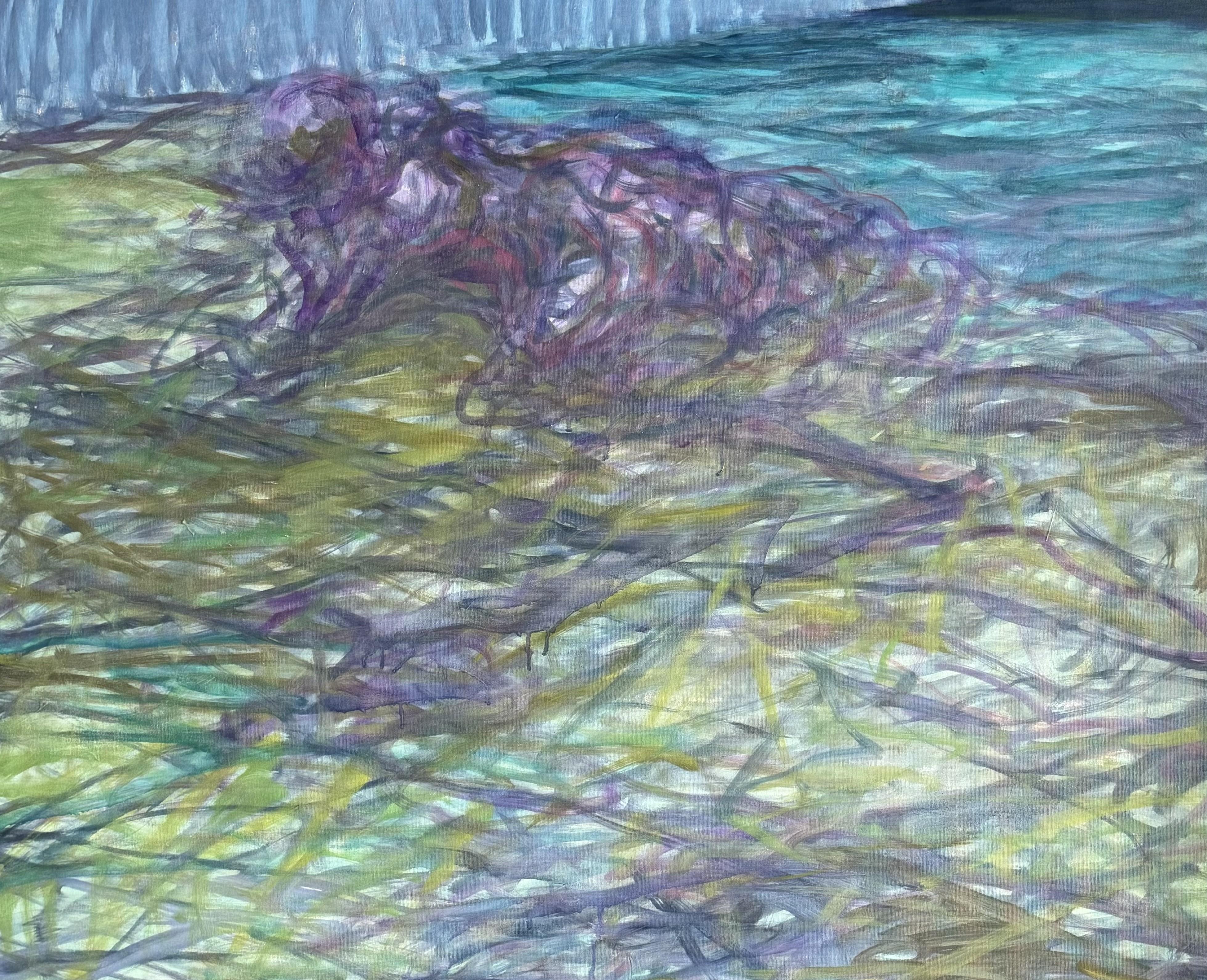 Corpo in campo #3 - 21° secolo, pittura astratta, paesaggio, verde, blu - Painting Espressionismo astratto di Zsolt Berszán