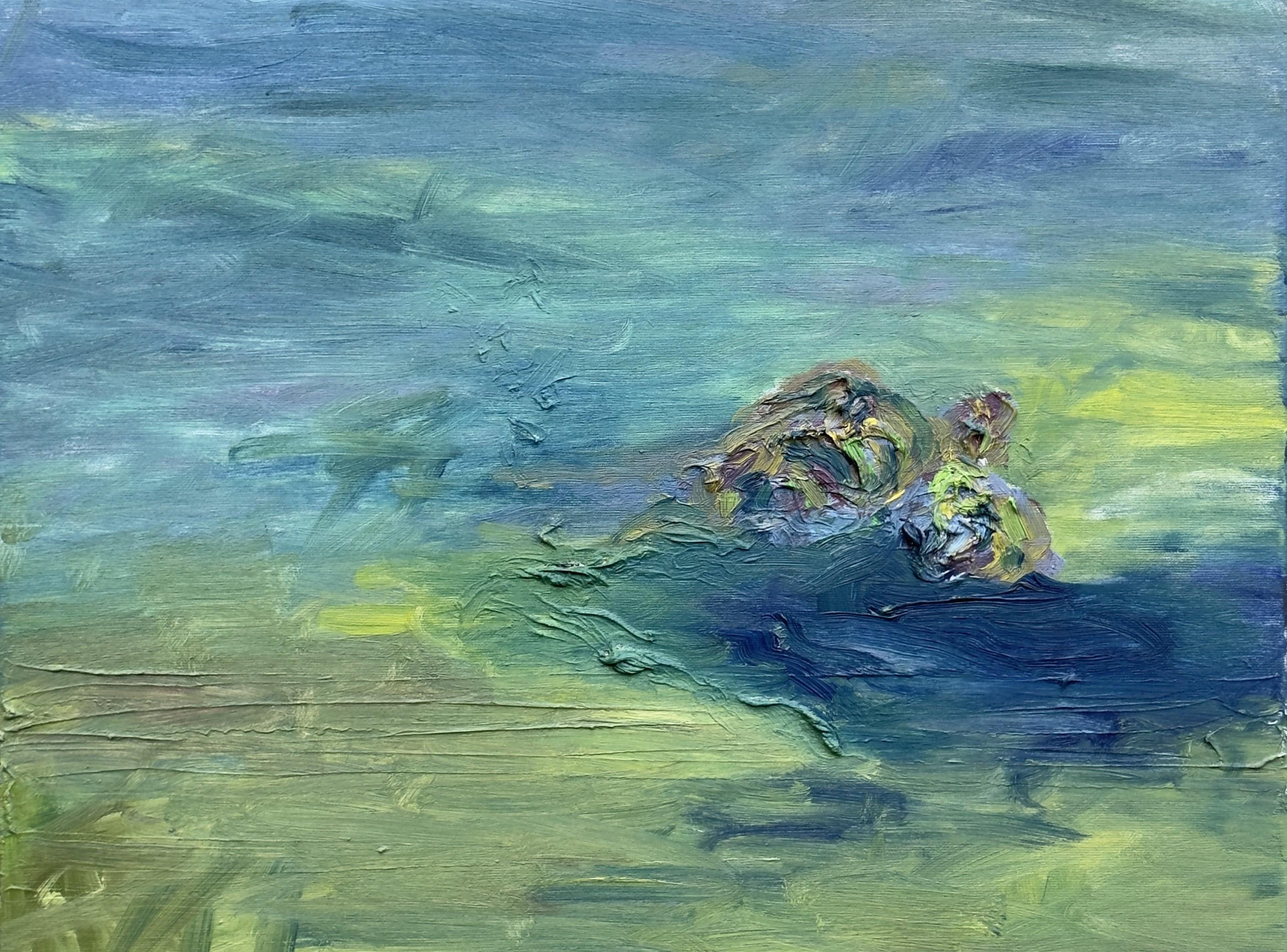 Corpo in campo #3 - 21° secolo, pittura astratta, paesaggio, verde, blu - Landscape Painting Grigio di Zsolt Berszán