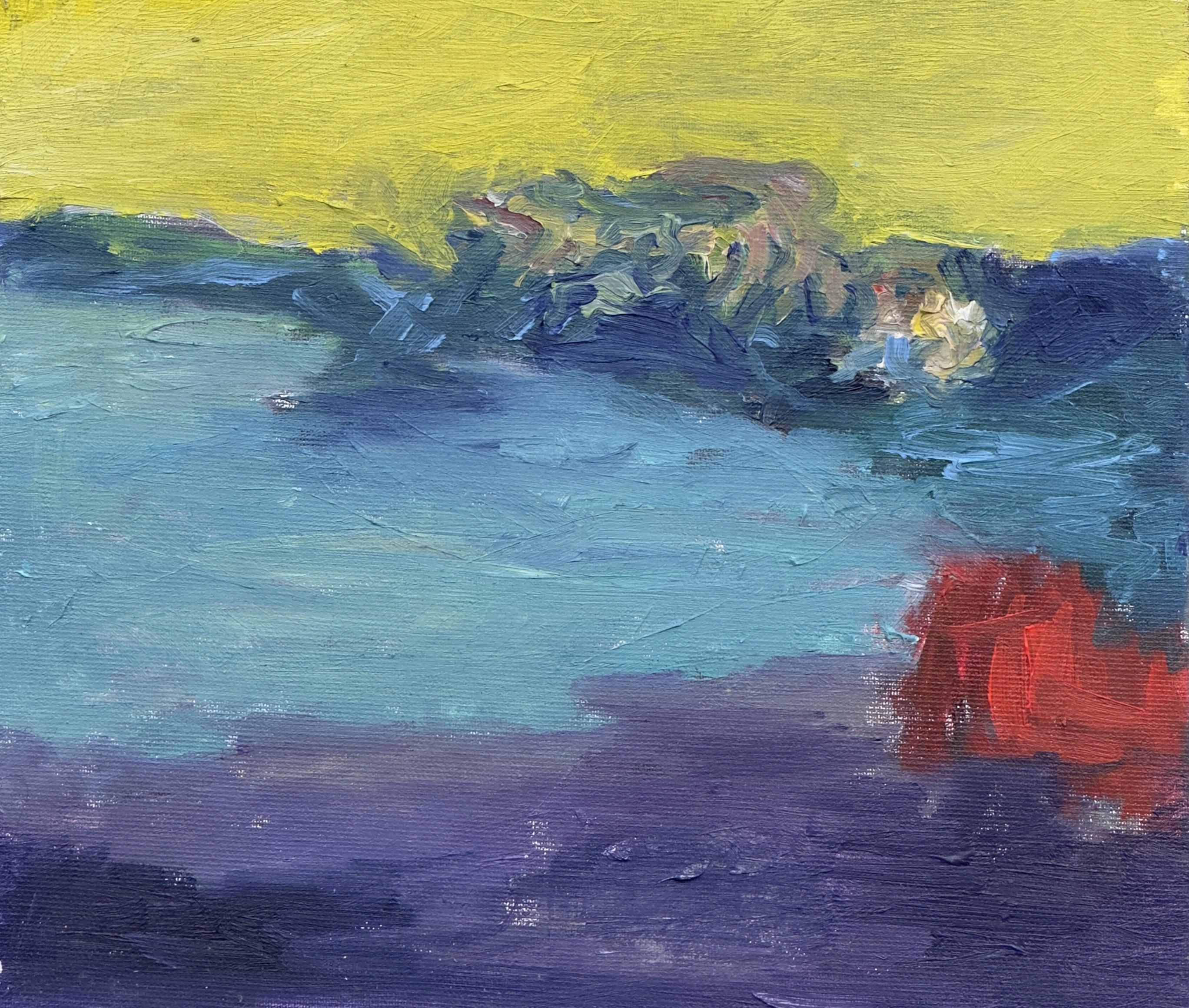 Cuerpo en el campo #3 - Siglo XXI, pintura, paisaje, amarillo, azul, rojo - Painting Contemporáneo de Zsolt Berszán