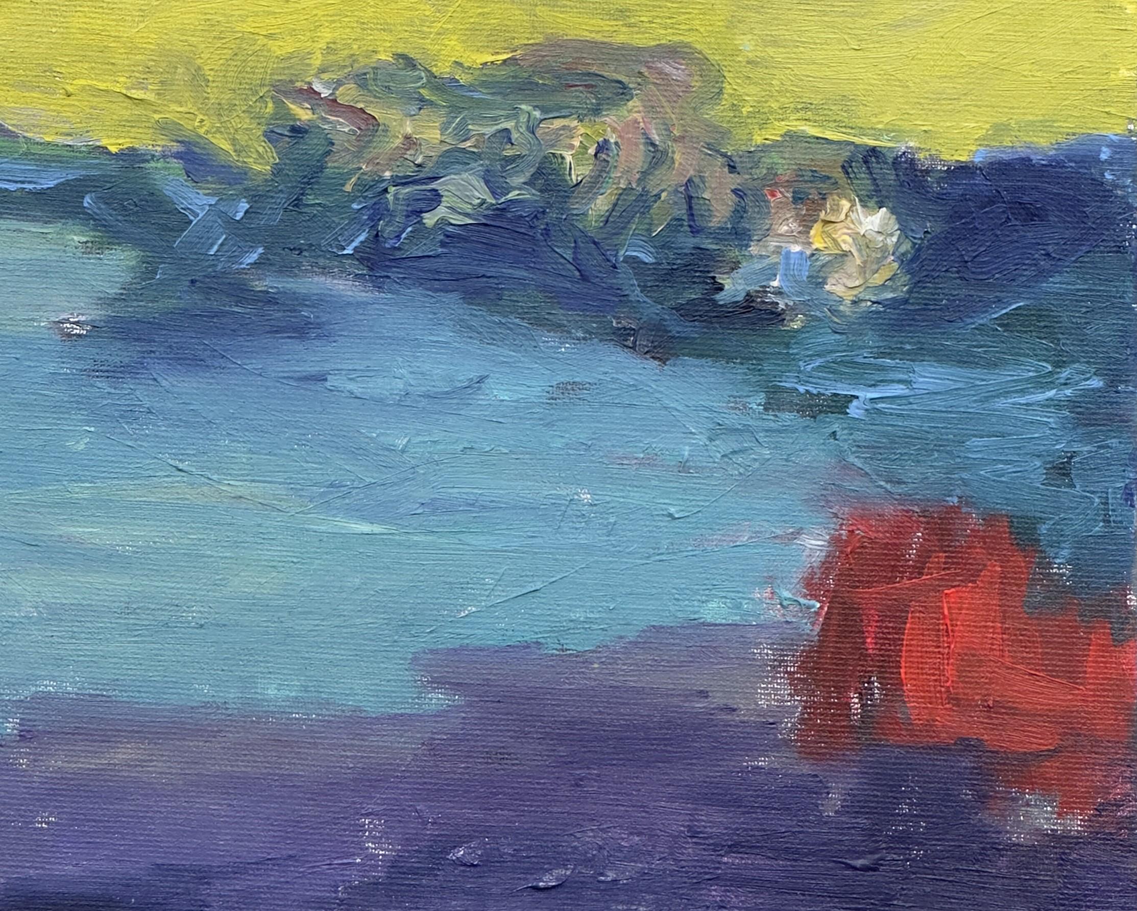 Cuerpo en el campo #3 - Siglo XXI, pintura, paisaje, amarillo, azul, rojo - Landscape Painting Verde de Zsolt Berszán