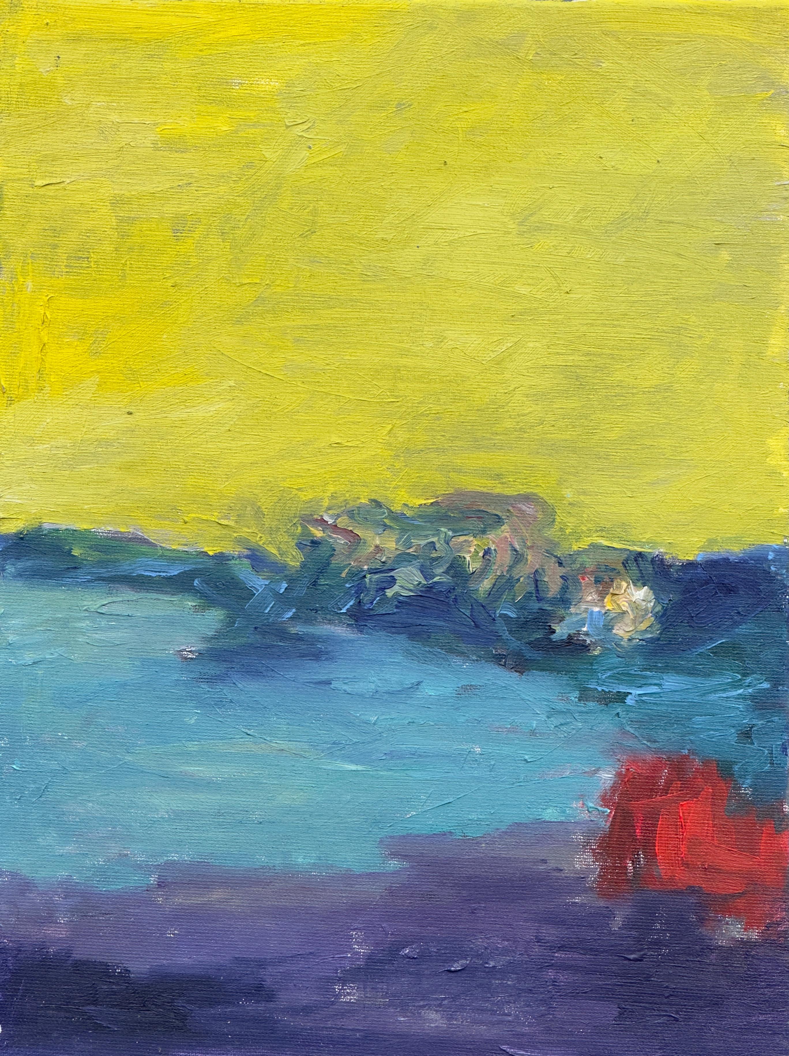 Landscape Painting de Zsolt Berszán - Cuerpo en el campo #3 - Siglo XXI, pintura, paisaje, amarillo, azul, rojo