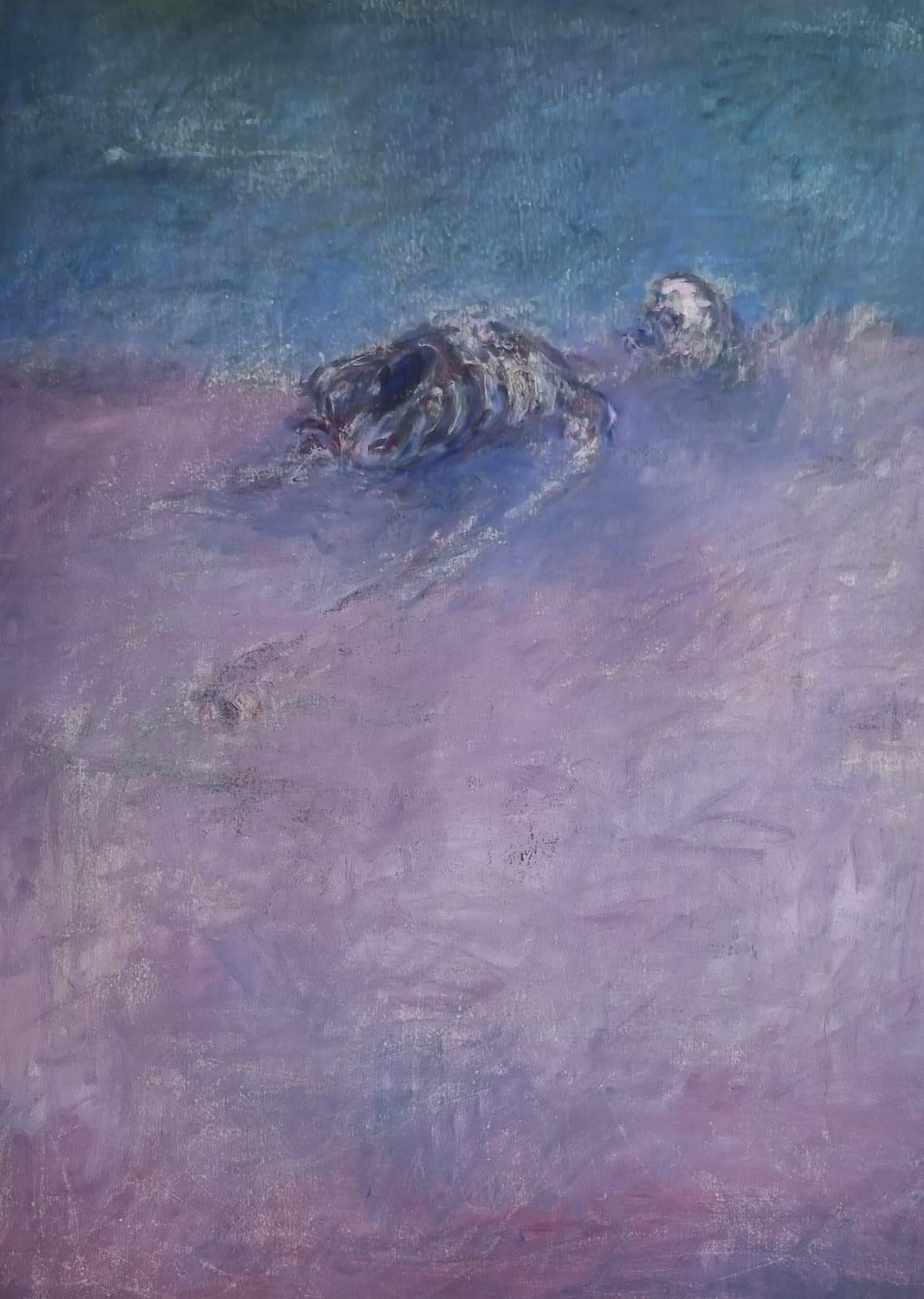 Landscape Painting Zsolt Berszán - Body in the Field 3 - Contemporain, Peinture, Bleu, Violet, 21e Siècle