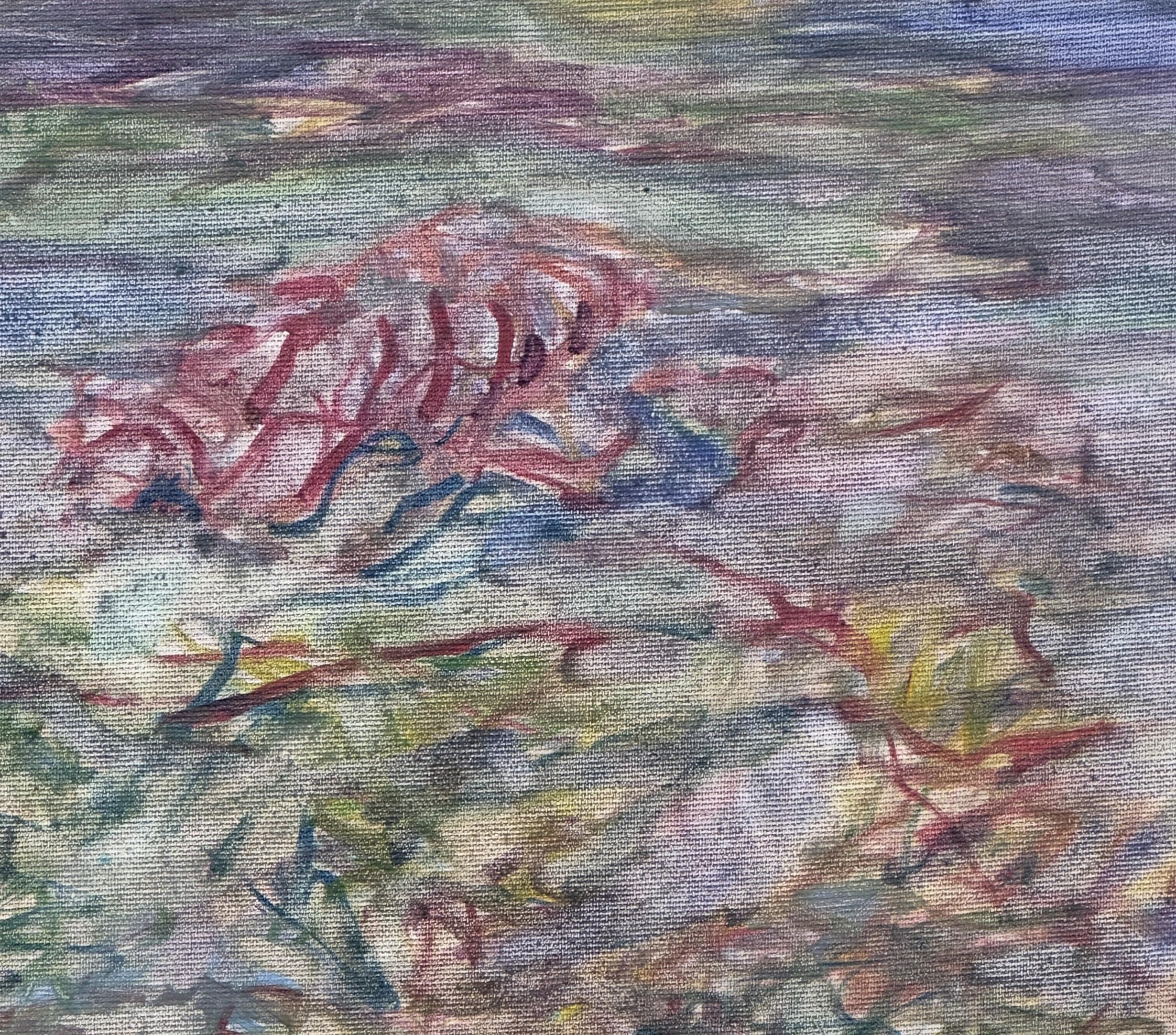 Corpo in campo #4 - 21° secolo, pittura, paesaggio, rosso, verde, blu - Landscape Painting Grigio di Zsolt Berszán