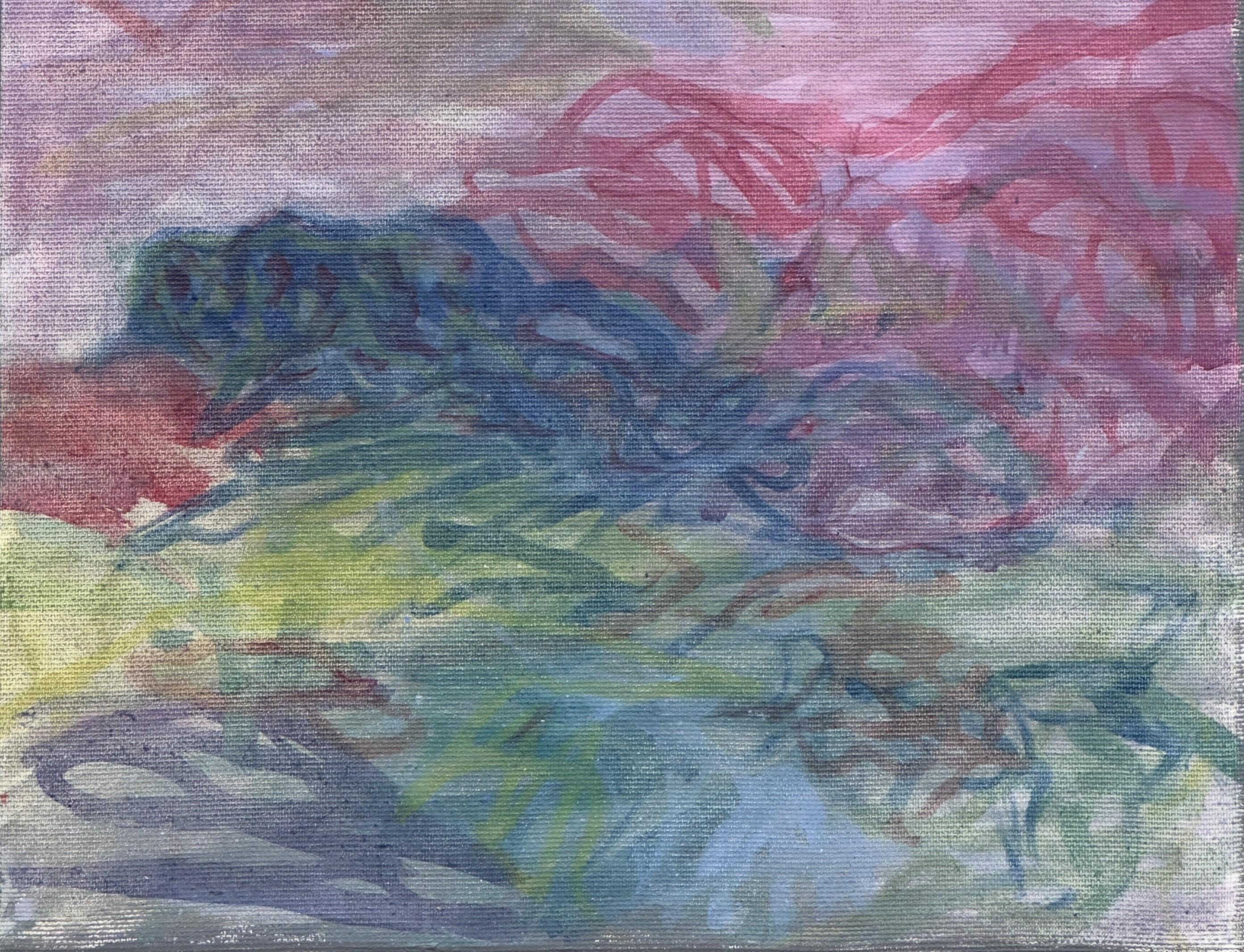Corpo in campo #5 - 21° secolo, pittura, paesaggio, rosso, verde, blu - Painting Contemporaneo di Zsolt Berszán
