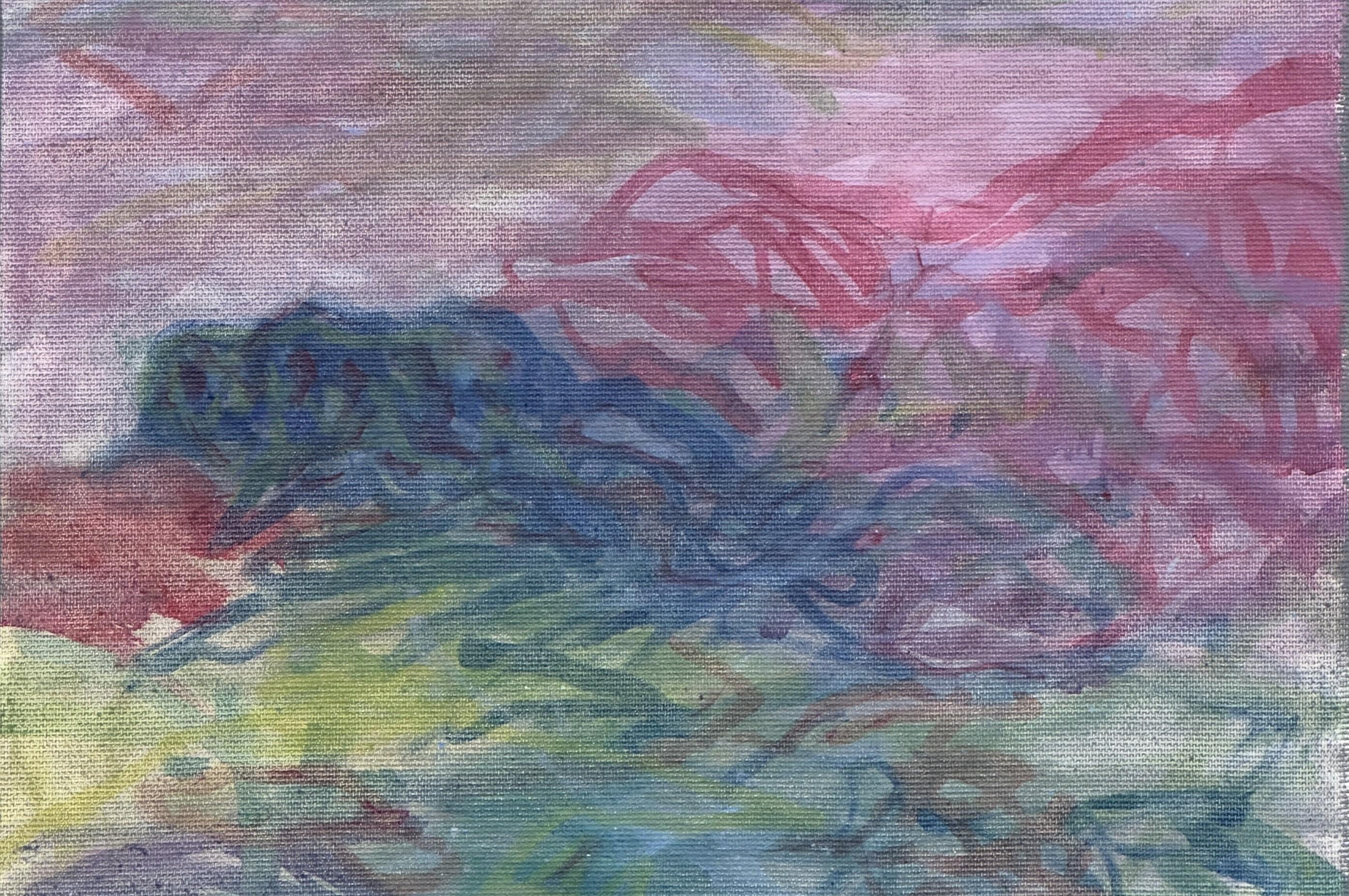 Corpo in campo #5 - 21° secolo, pittura, paesaggio, rosso, verde, blu - Figurative Painting Grigio di Zsolt Berszán