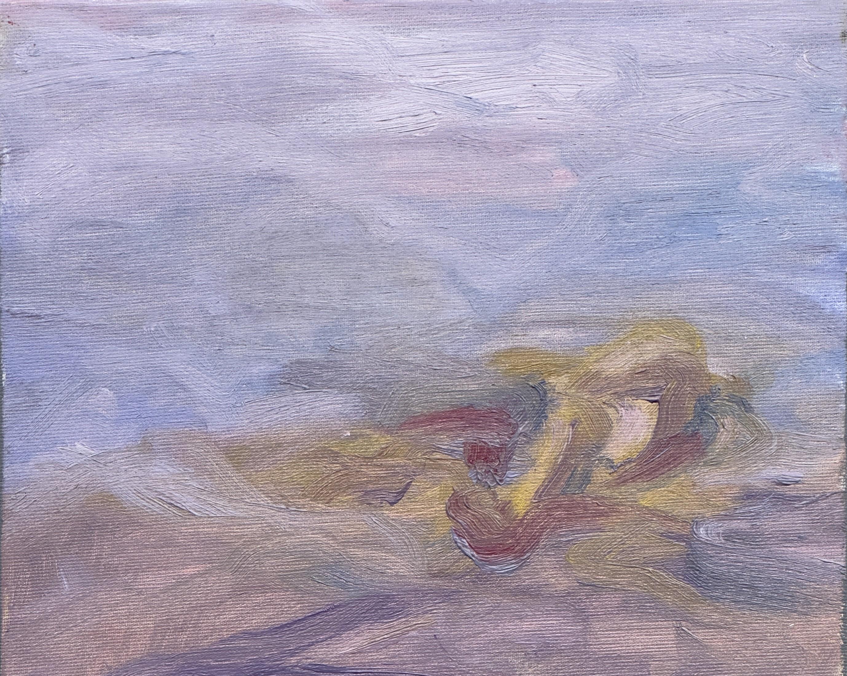 Corpo in campo #6 - 21° secolo, pittura a olio, paesaggio, blu, sabbia, viola - Painting di Zsolt Berszán