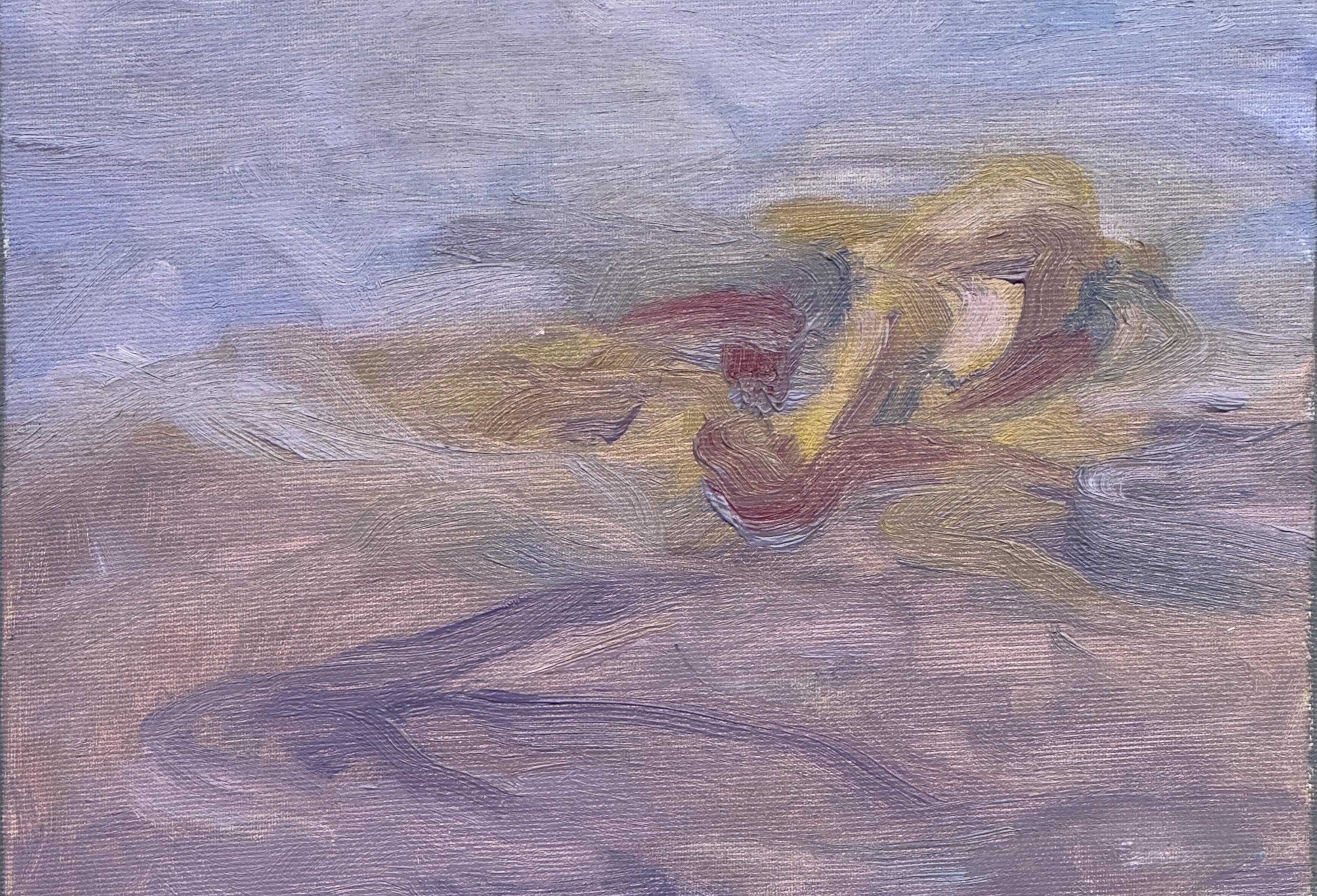 Corpo in campo #6 - 21° secolo, pittura a olio, paesaggio, blu, sabbia, viola - Landscape Painting Grigio di Zsolt Berszán