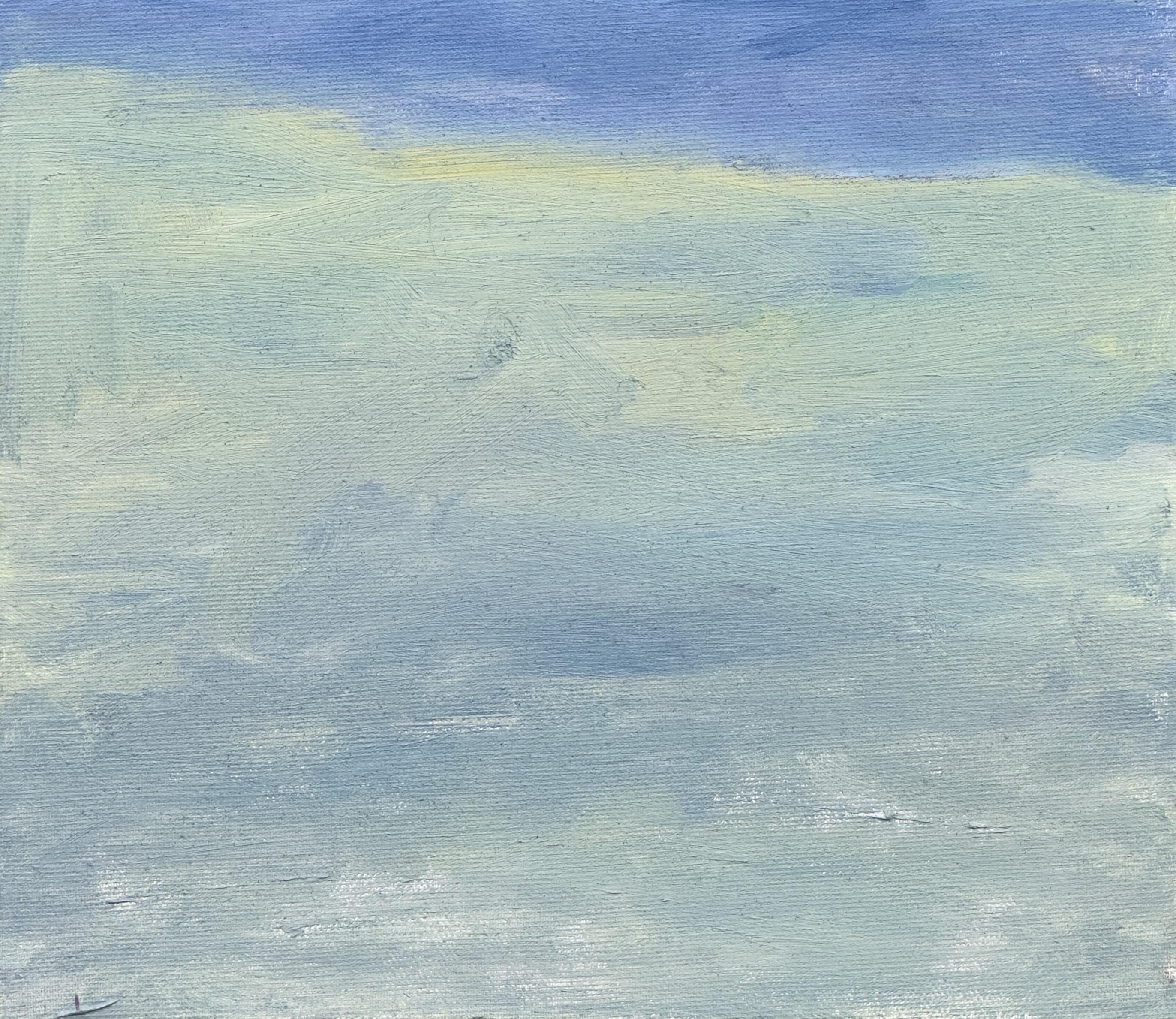 Body in the Field #7 - 21st Century, oil painting, landscape, blue, yellow, red - Gray Figurative Painting by Zsolt Berszán