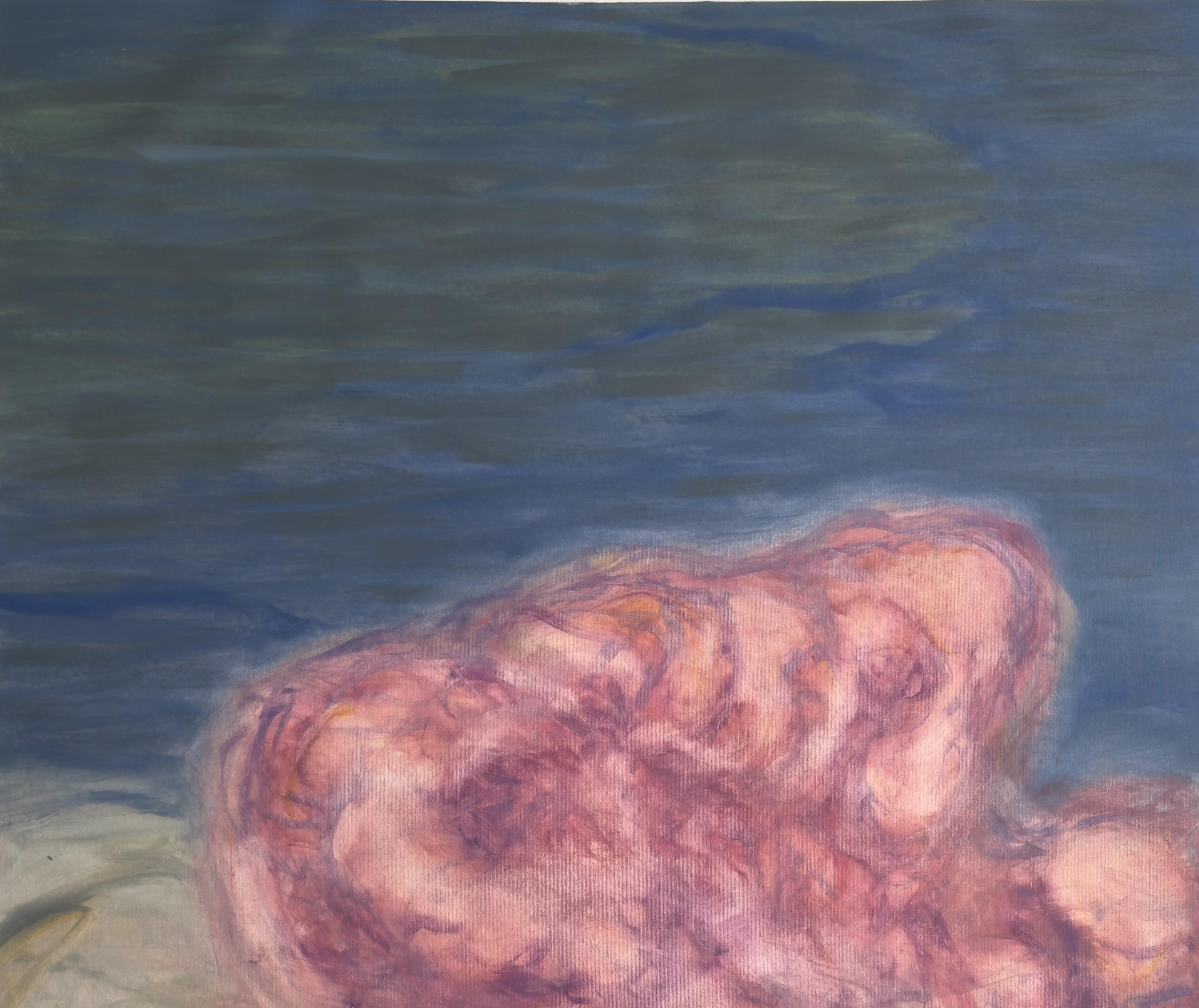 Corpo in campo #7 - Pittura contemporanea, figurativa, paesaggio, blu, rosso - Painting di Zsolt Berszán