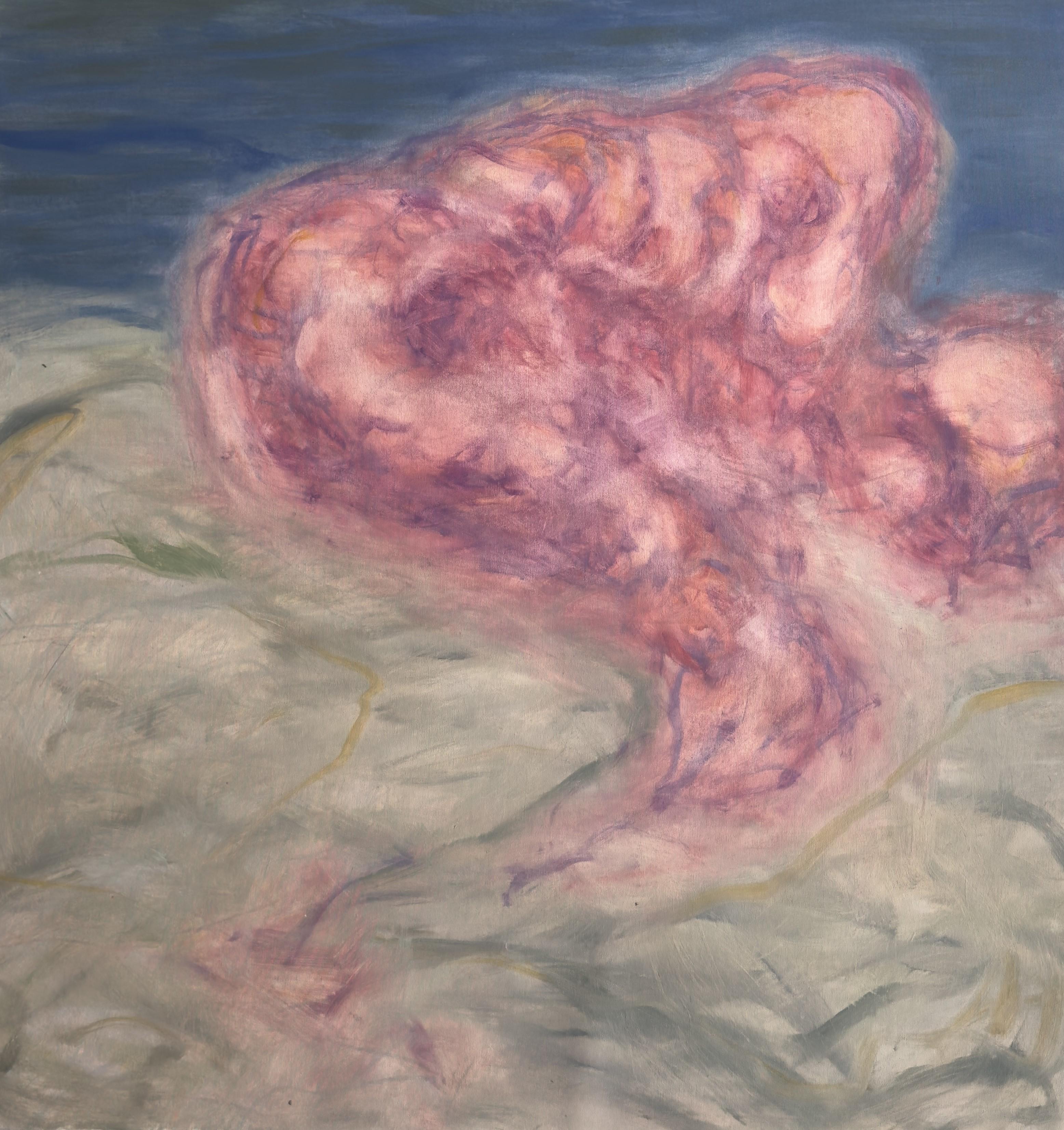 Corpo in campo #7 - Pittura contemporanea, figurativa, paesaggio, blu, rosso - Painting Contemporaneo di Zsolt Berszán