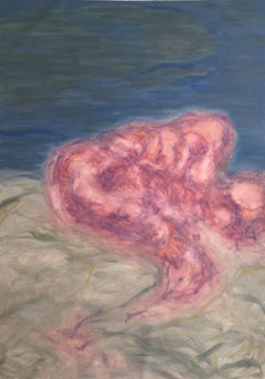 Body in the Field #7 - Peinture contemporaine, figurative, paysage, bleu, rouge