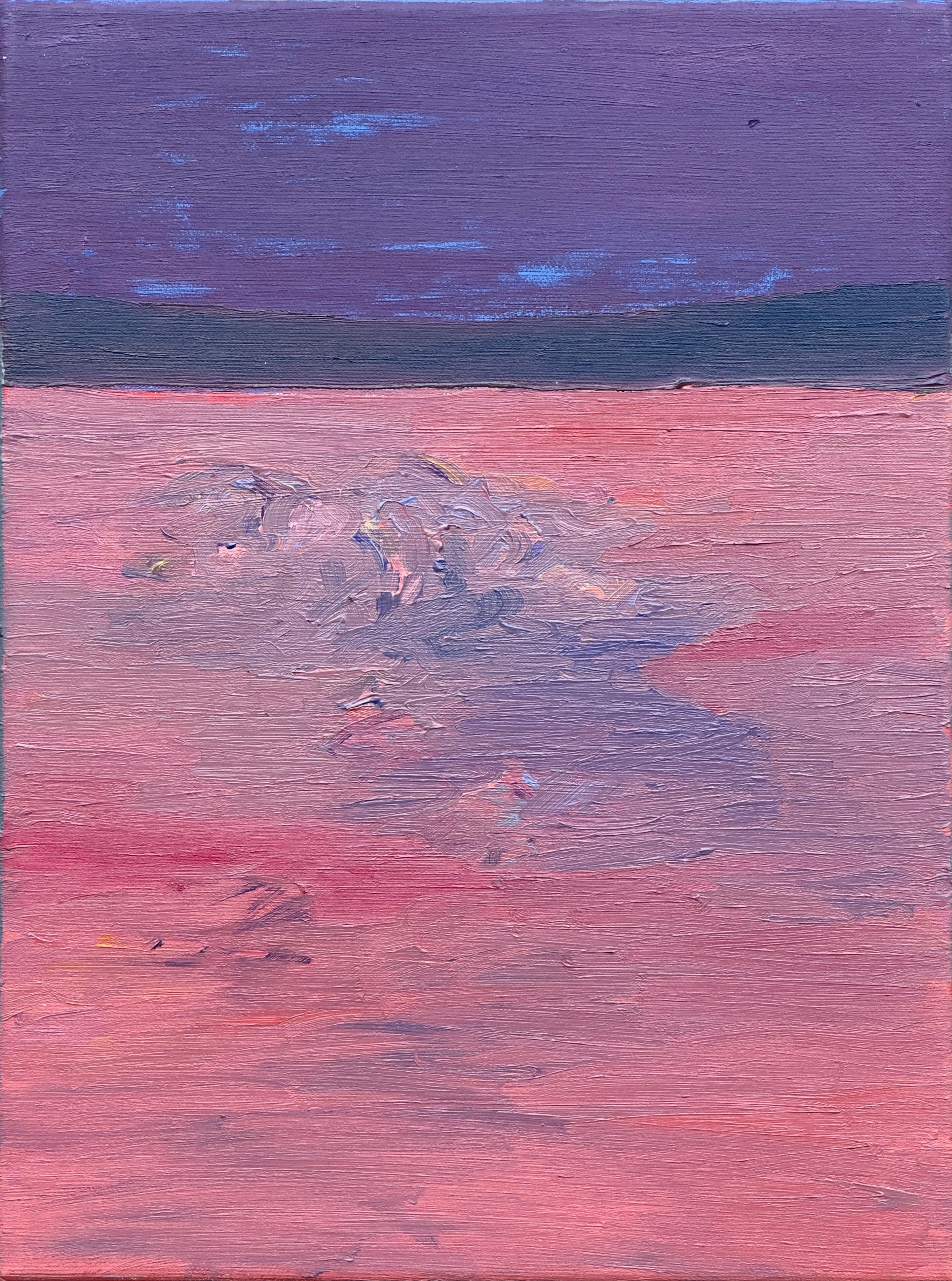 Figurative Painting di Zsolt Berszán - Corpo in campo #8 - 21° secolo, pittura a olio, paesaggio, rosa, viola