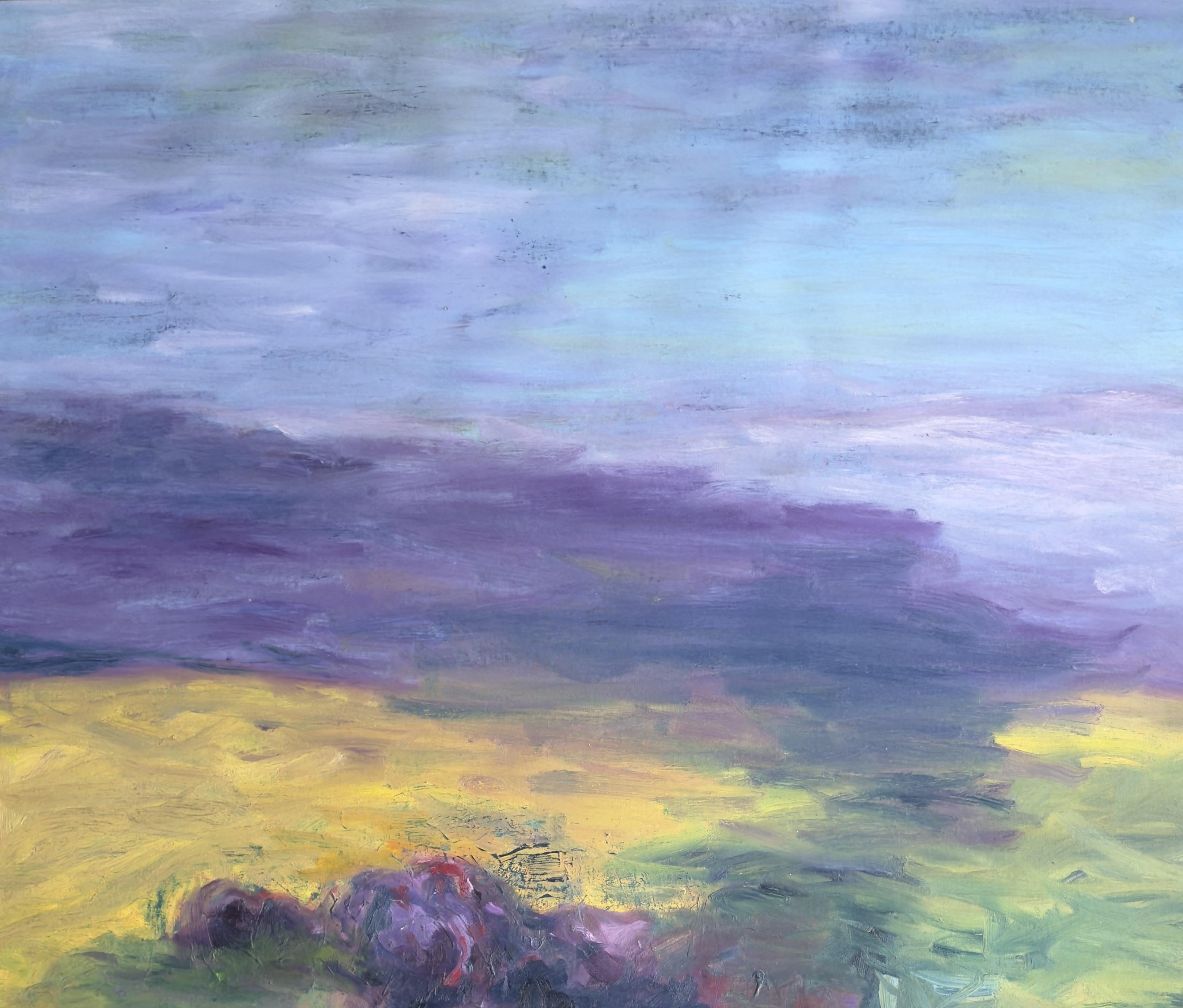 Corpo in campo #8 - Paesaggio, blu, giallo, rosso, pittura - Painting di Zsolt Berszán