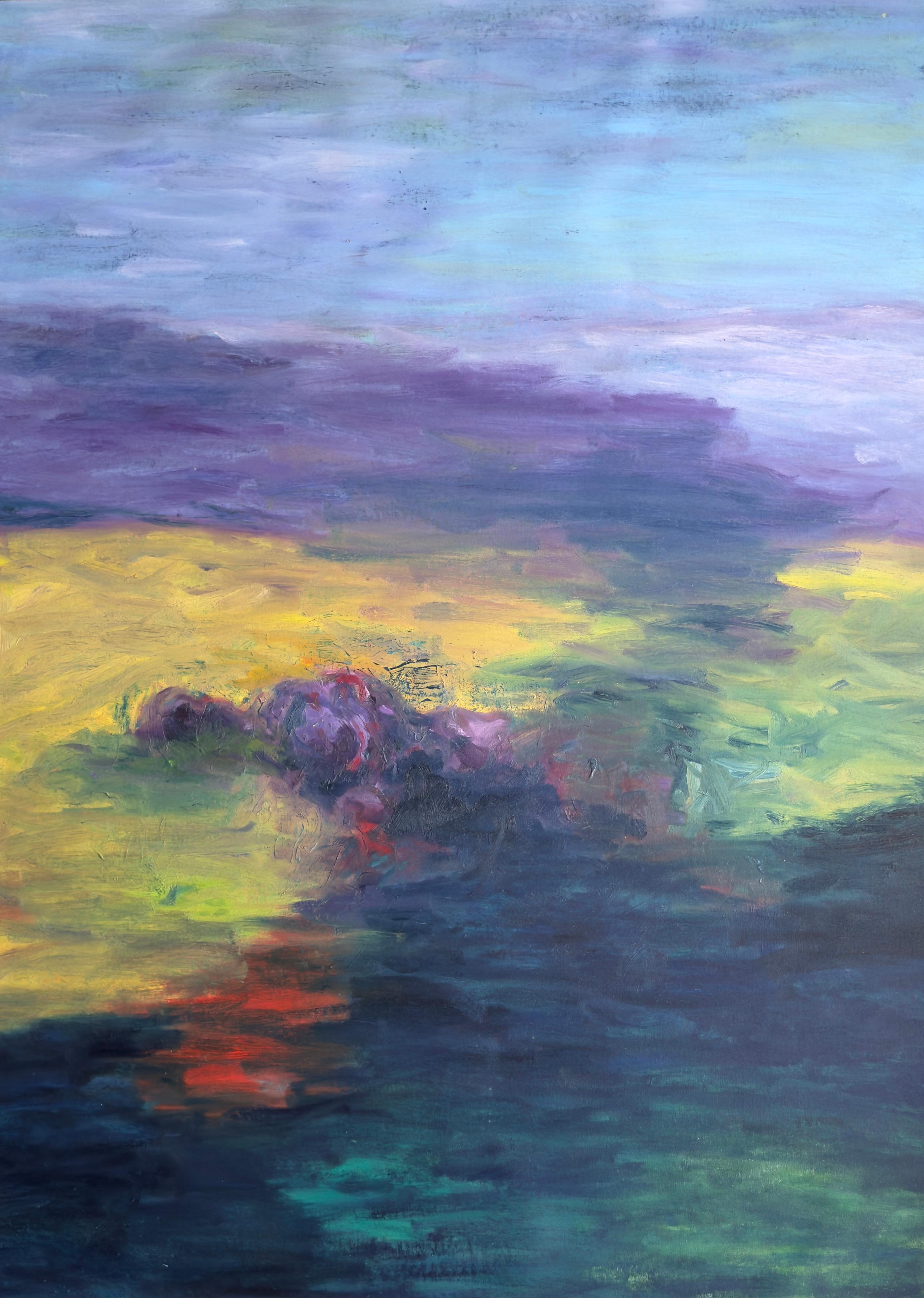 Abstract Painting di Zsolt Berszán - Corpo in campo #8 - Paesaggio, blu, giallo, rosso, pittura