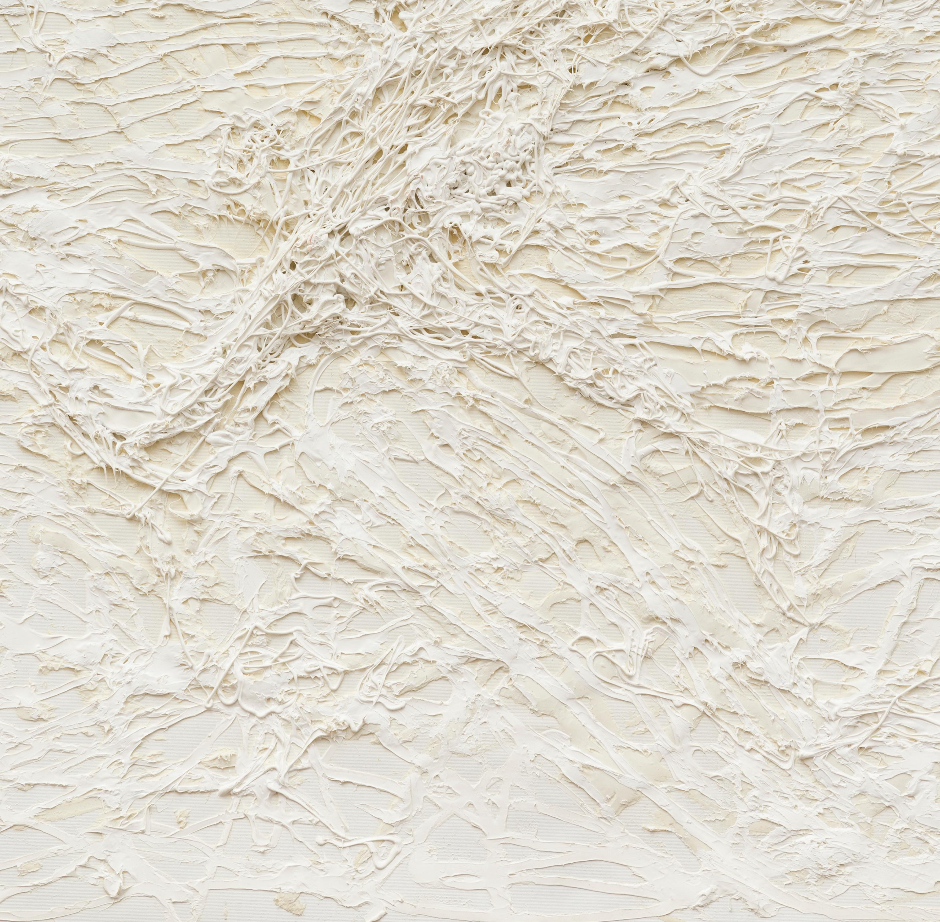 Senza titolo 01, 2017
Tecnica mista: pittura a olio bianca, adesivo su tela
(Firmato sul retro)
46,85 H. x 39,37 L. in.
119 H. x 100 L. cm

Zsolt Berszán tratta il primo strato del disegno come un substrato, come una superficie su cui viene