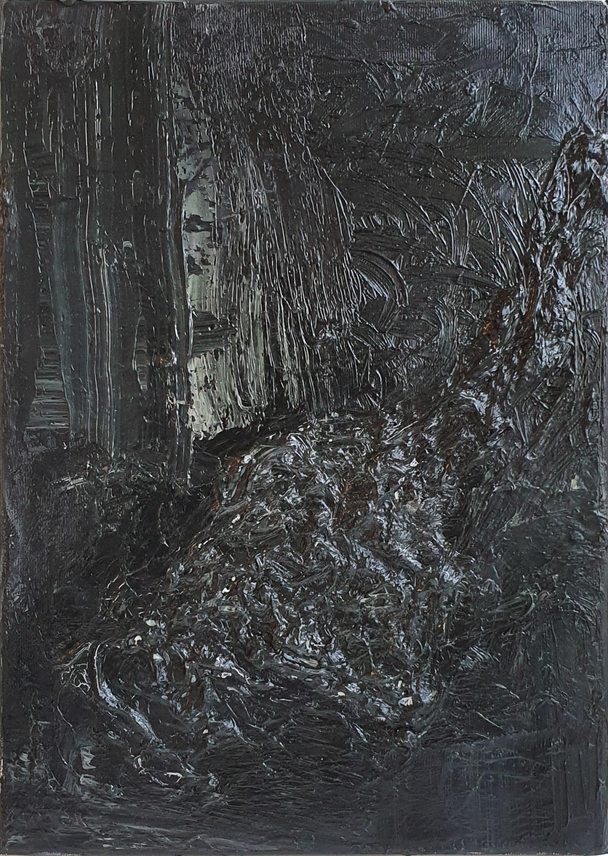 Abstract Painting Zsolt Berszán - Sans titre 03 - Peinture abstraite contemporaine, noir, monochrome, organique
