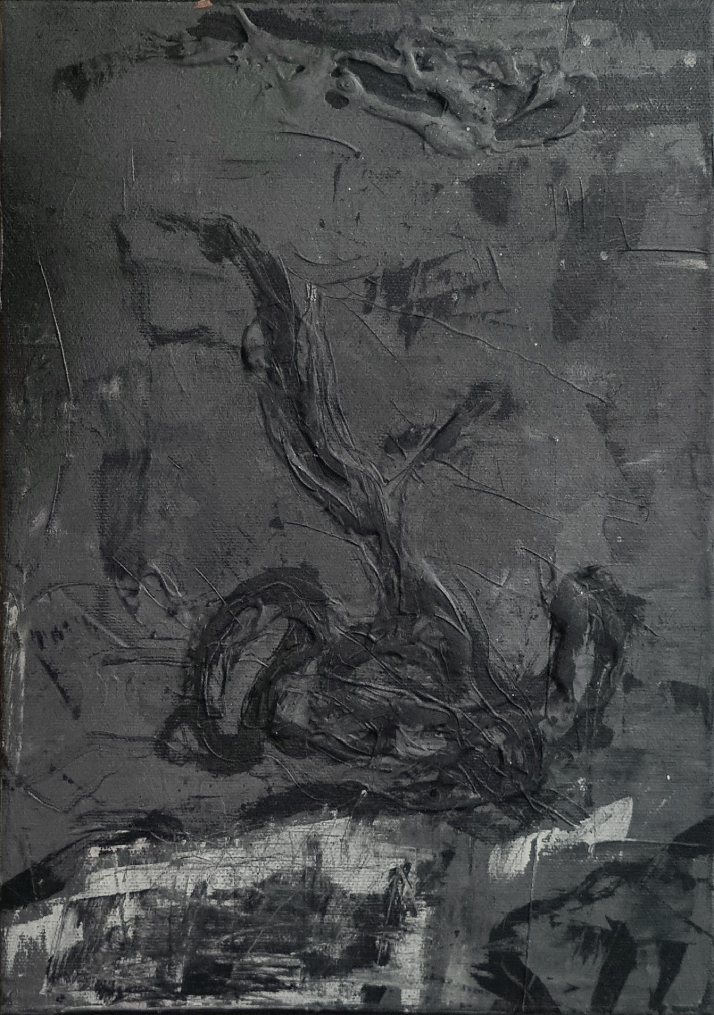 Zsolt Berszán Abstract Painting - Untitled 05 [Remains of the Remains 05] - Contemporary, Abstract, Black, Gray