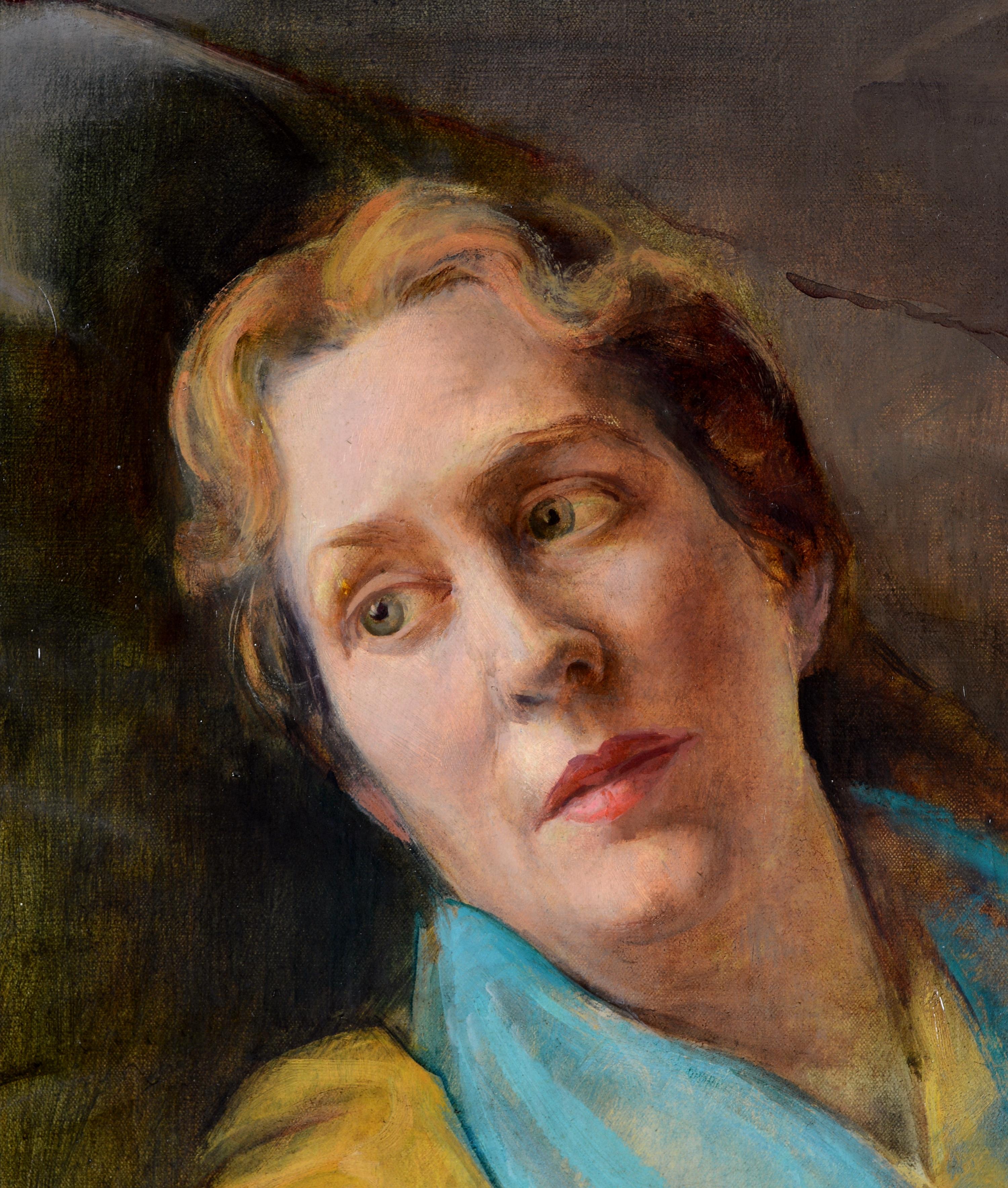 Porträt einer Dame - Mitte 20. Jahrhundert Ungarisches Öl auf Leinwand Gemälde (Braun), Portrait Painting, von Zsuzsi Roboz