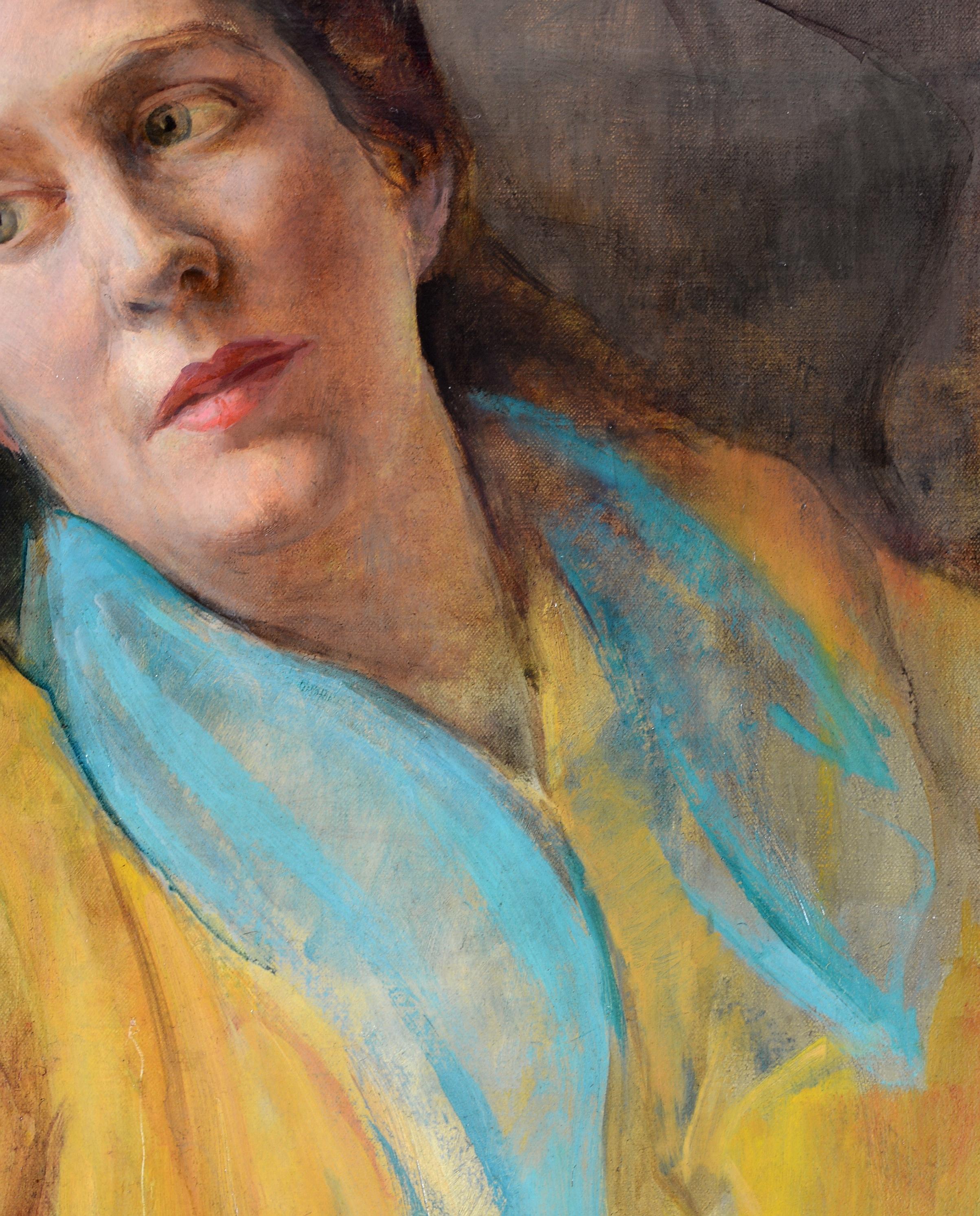 Ein schönes signiertes und datiertes ungarisches Öl-auf-Leinwand-Porträt einer Dame in einem gelben Hemd von Zsuzsi Roboz aus dem Jahr 1957. 

Hervorragendes Werk dieser bedeutenden ungarischen Malerin, deren Werke sich in den Sammlungen der Tate