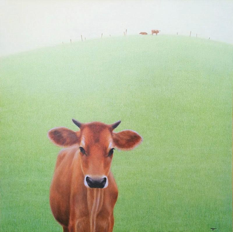 Zu Sheng Yu, "Amazing Graze", Cow Field Landscape Oil Painting on Canvas, 36x36 