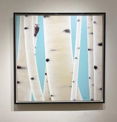 Zu Sheng Yu "Lunch", White Birch Tree and Woodpecker Oil Painting on Canvas