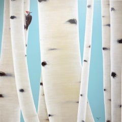 Zu Sheng Yu "Lunch", White Birch Tree and Woodpecker Oil Painting on Canvas