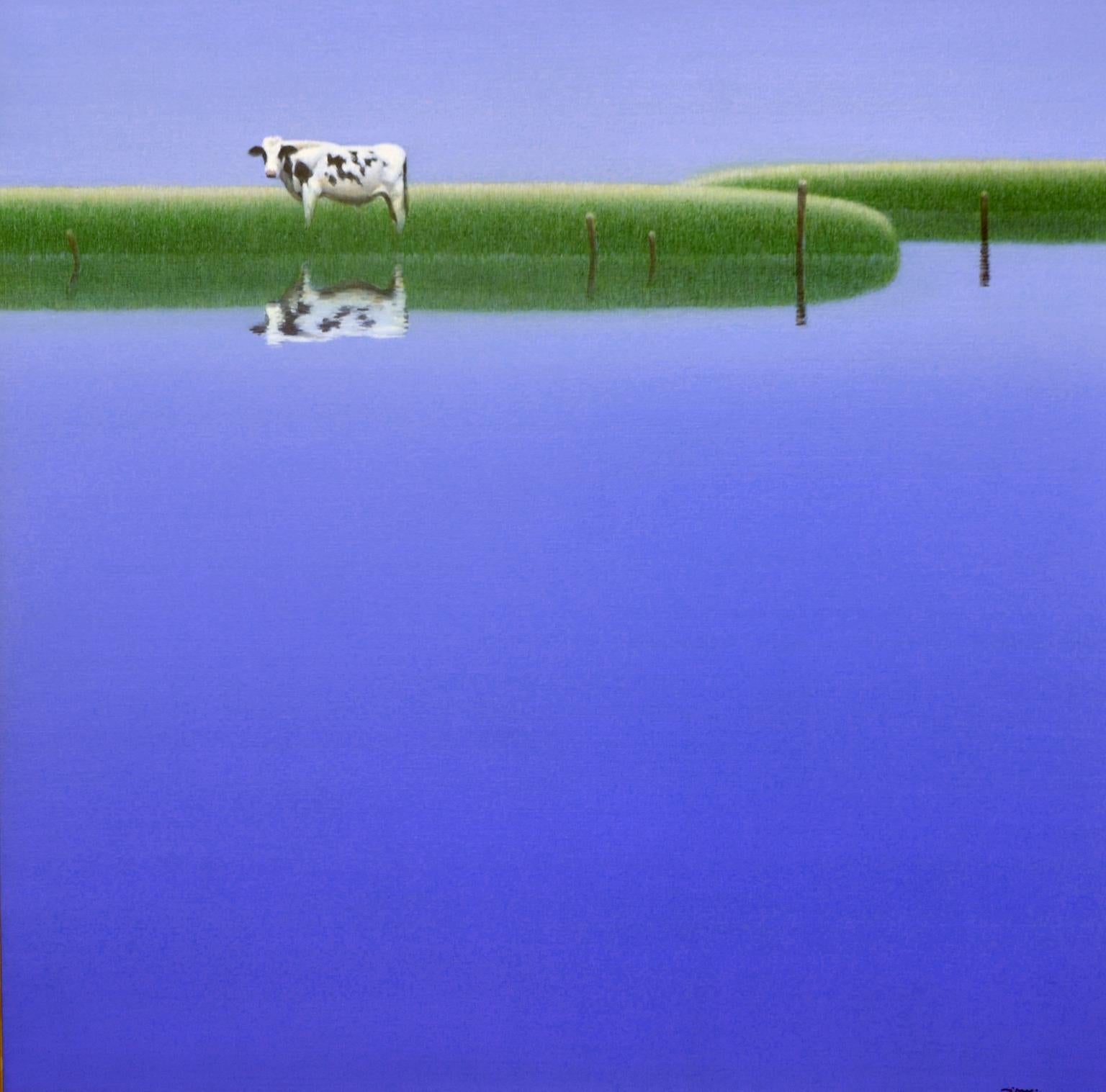 "Morning Graze" by Zu Sheng Yu is a 36x36 oil painting on canvas. This painting depicts a deep blue sky and pond, with green grass surrounding. A cow stands by the water, with its reflection showing in the water. This contemporary landscape is a