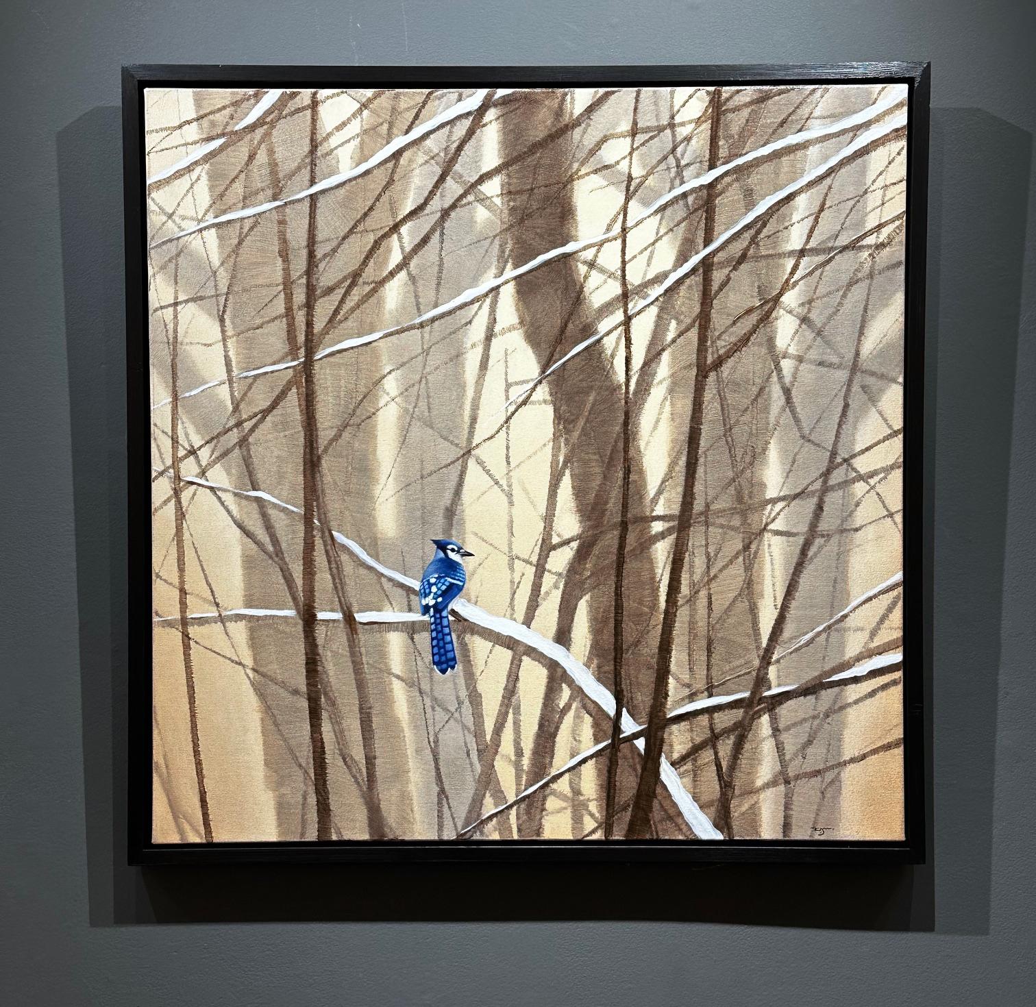 Zu Sheng Yu „Sanctuary“, 36x36 Winterbaum, Schneeblaues Jay-Landschafts-Ölgemälde, Ölgemälde im Angebot 1