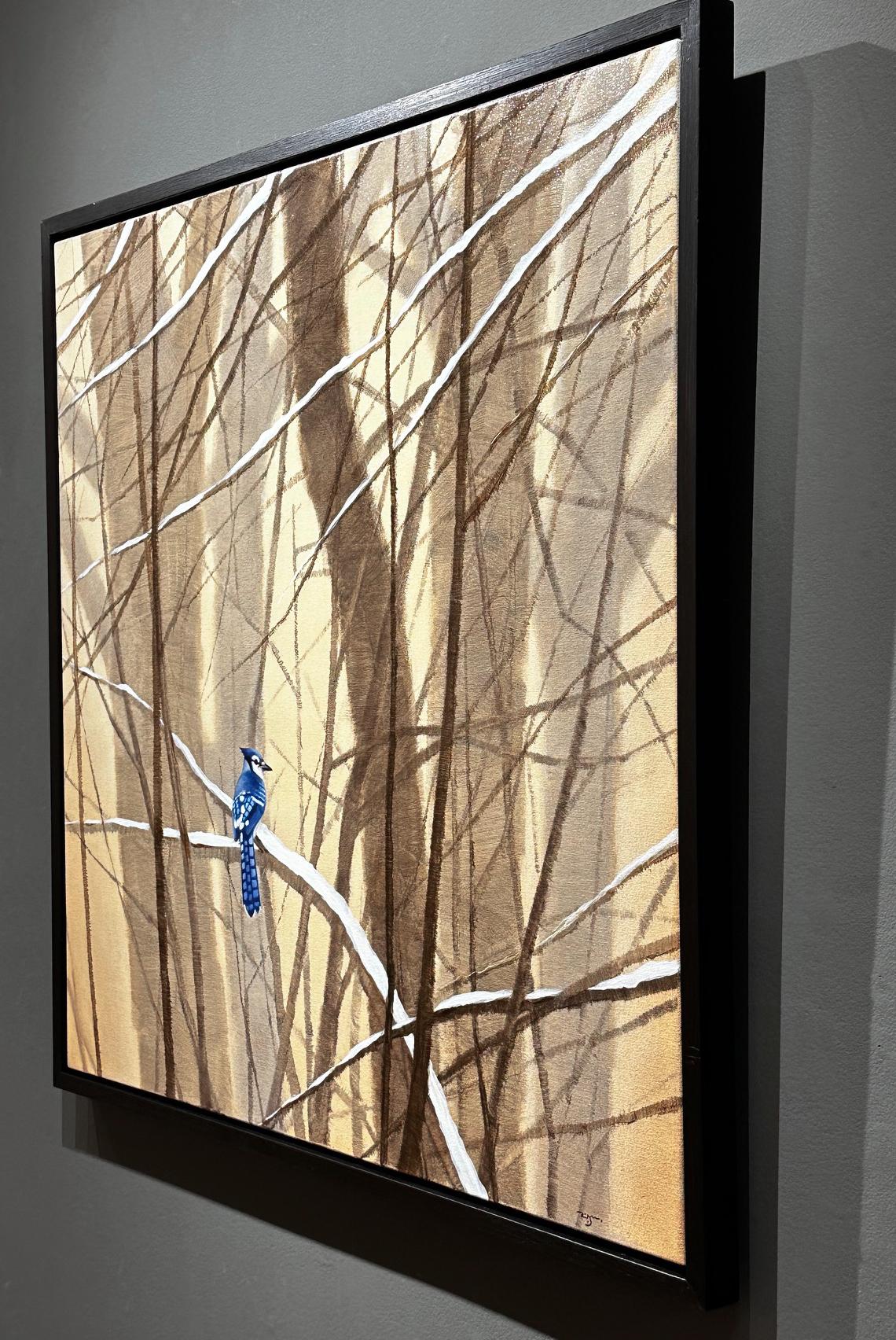 Zu Sheng Yu „Sanctuary“, 36x36 Winterbaum, Schneeblaues Jay-Landschafts-Ölgemälde, Ölgemälde im Angebot 2