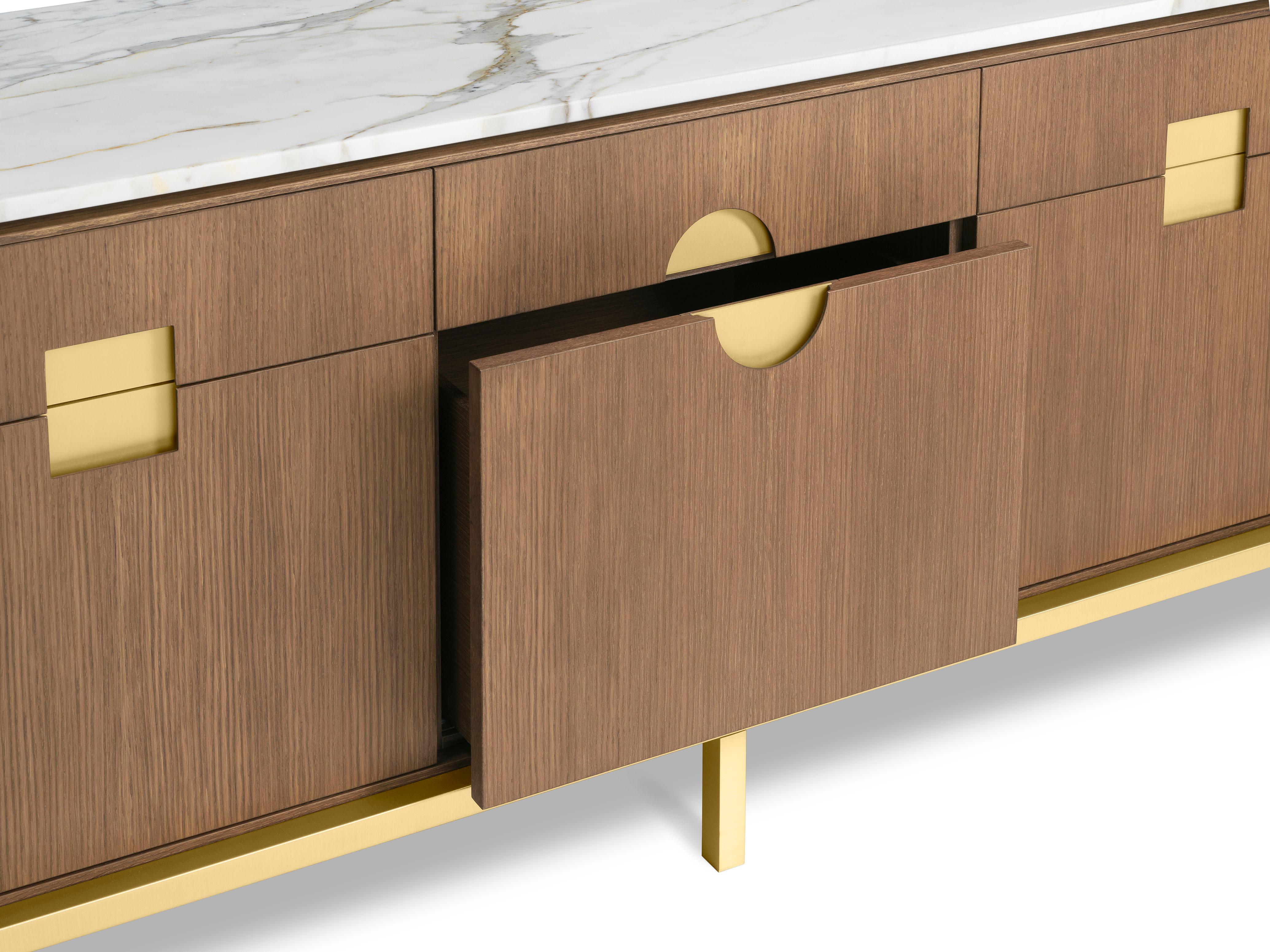 Oak Zuan Dining Cabinet with Satin Brass Legs & Calacatta Marble by Paolo Rizzatto For Sale