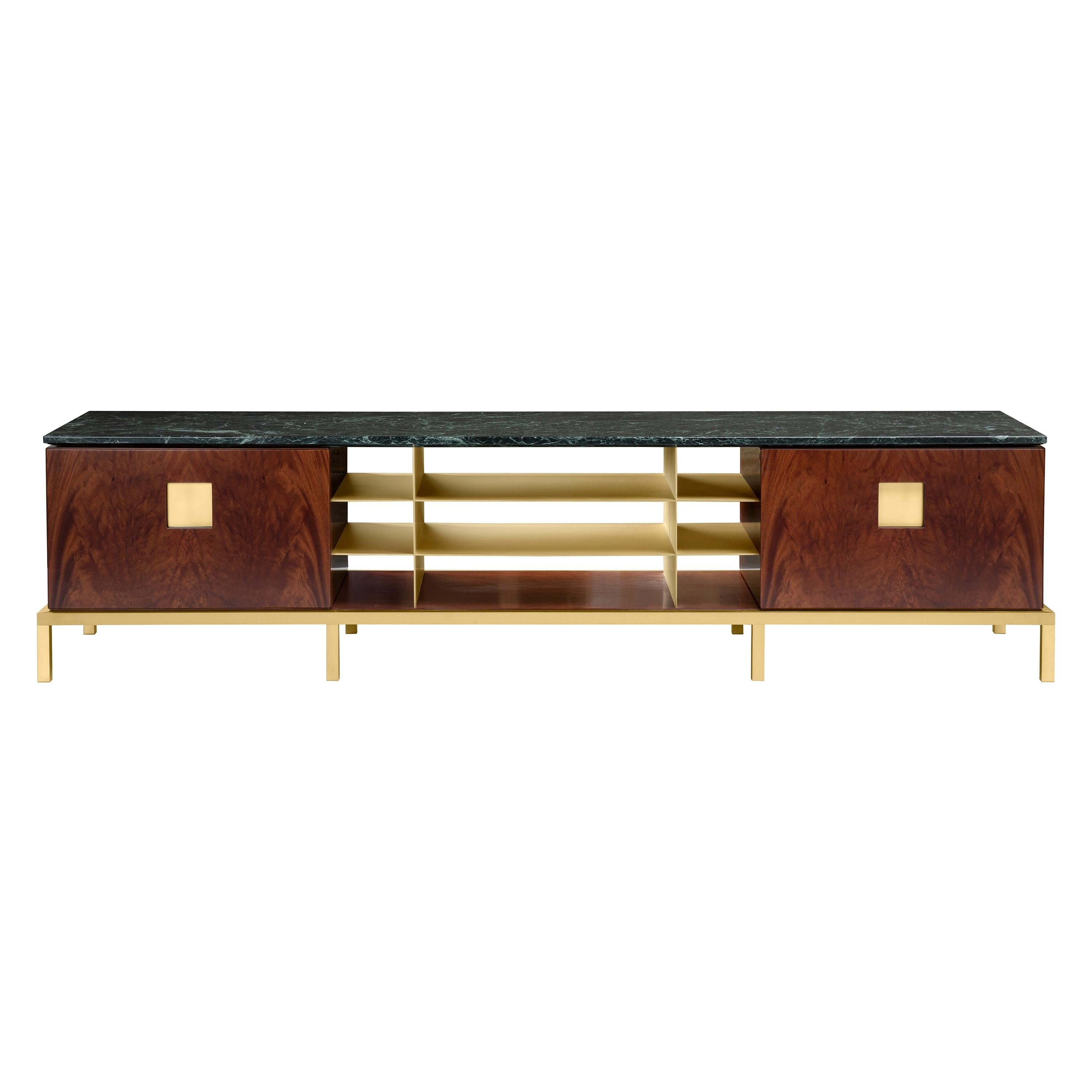 Zuan Living Cabinet in Satin Brass Legs with Mahogany Wood by Paolo Rizzatto