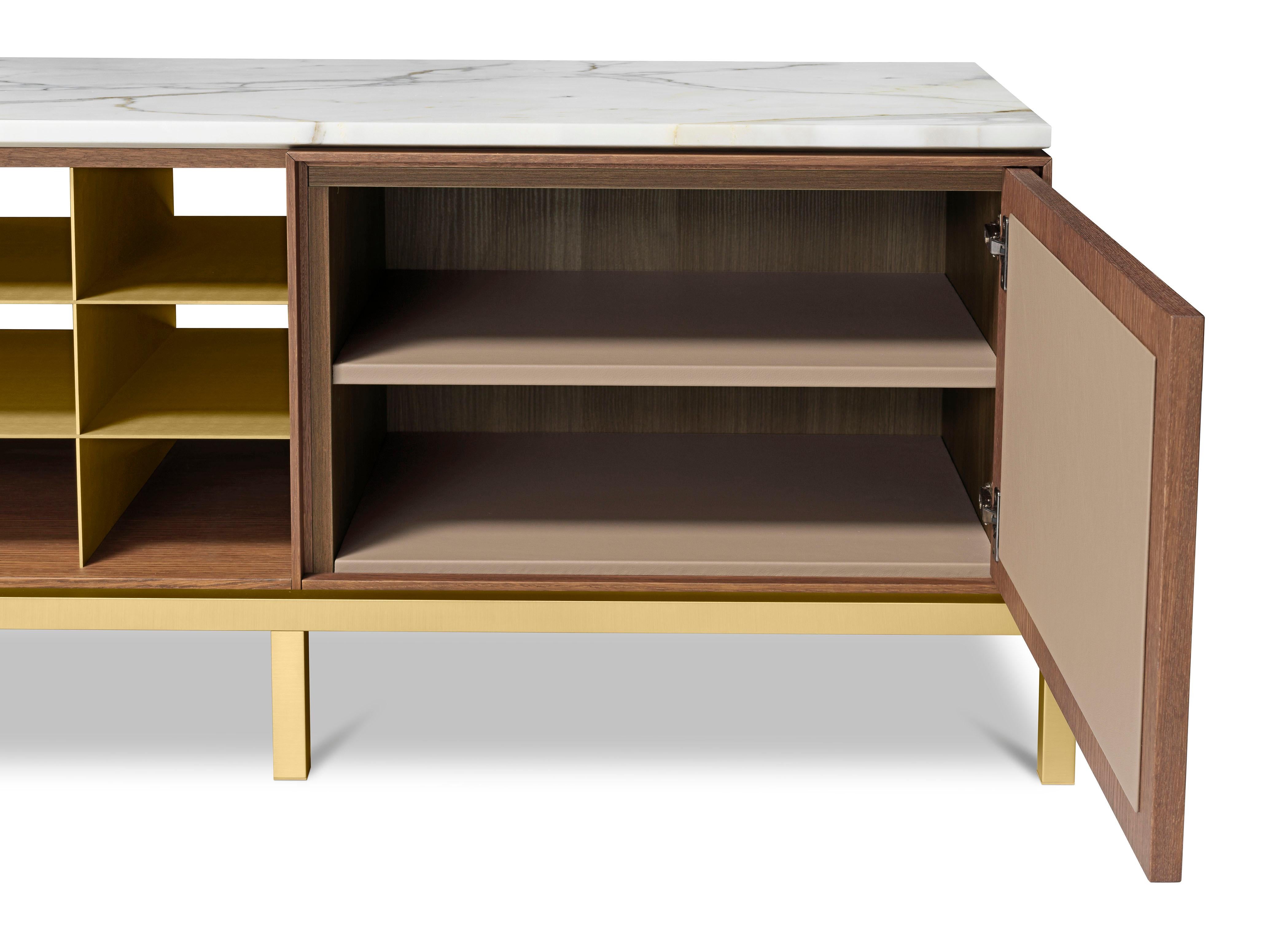 Oak Zuan Living Cabinet with Satin Brass Legs & Calacatta Marble by Paolo Rizzatto For Sale