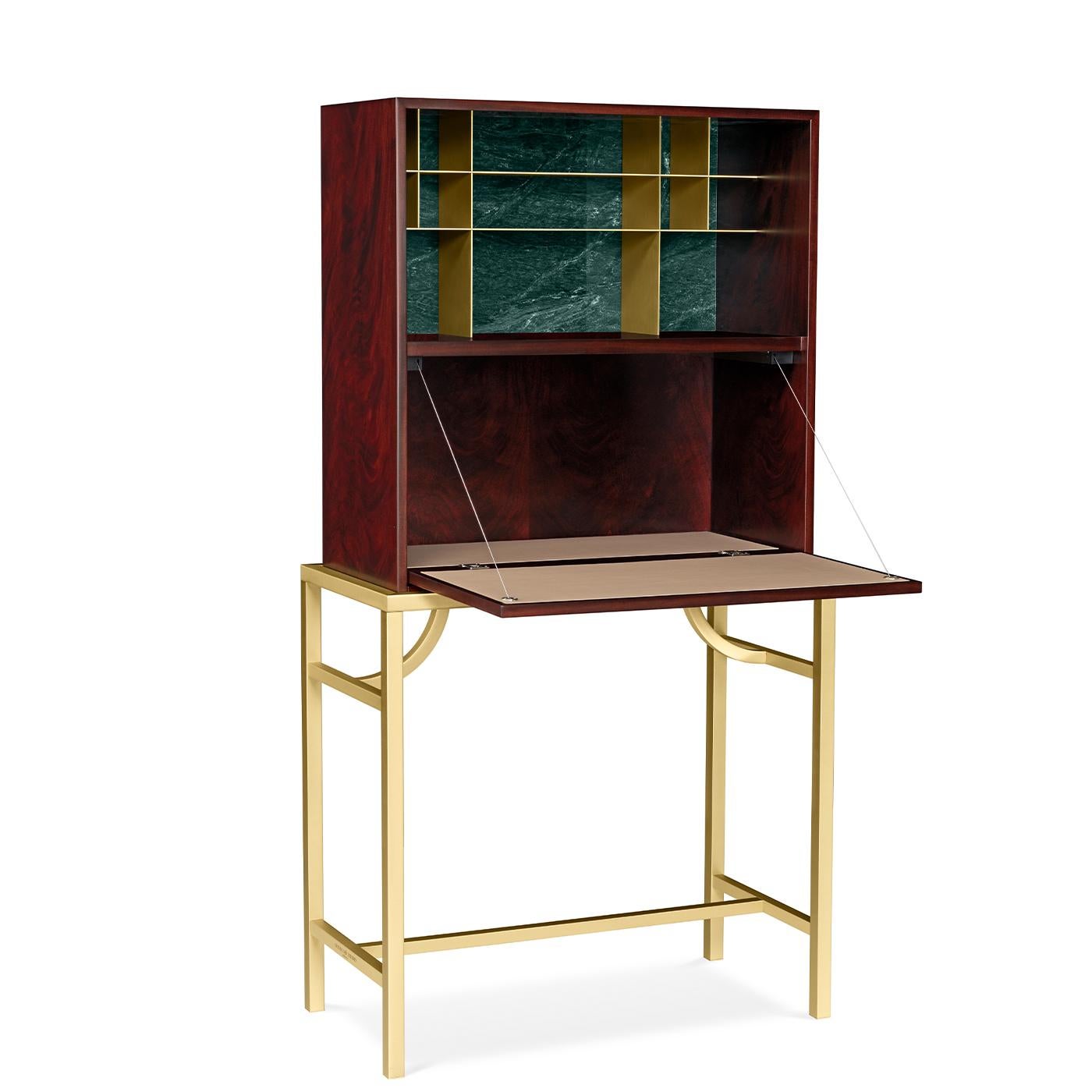 A superlative showcase of craftsmanship, this cabinet can be used as bar cabinet, jewelry chest, or wunderkabinett to display elegant and precious accent pieces. A sleek and modern design of Japanese inspiration, it rests on brass legs boasting a