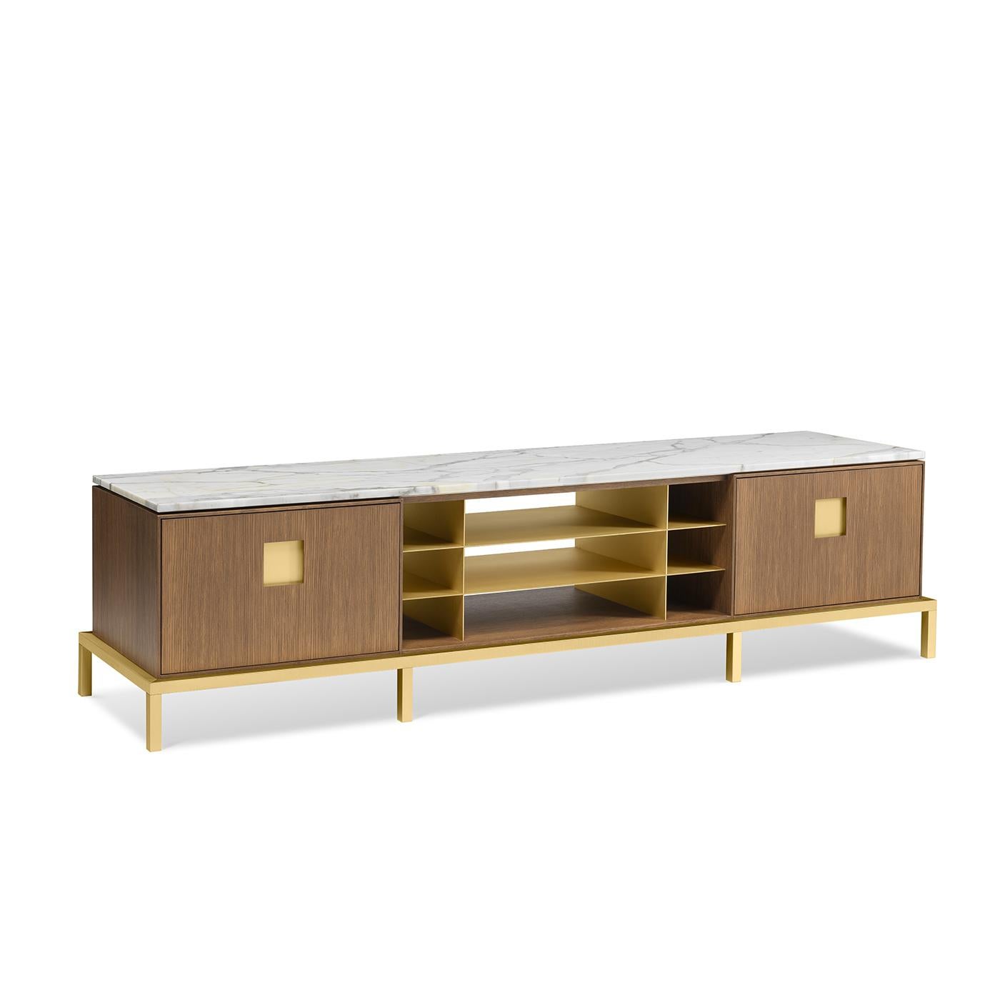 The perfect match to the Zuan Buffet Cabinet for a cohesive, Japanese-inspired style, this stunning sideboard will infuse sophistication and unparalleled elegance in a modern decor. Boasting a simple design, it rests on a satin brass base structure