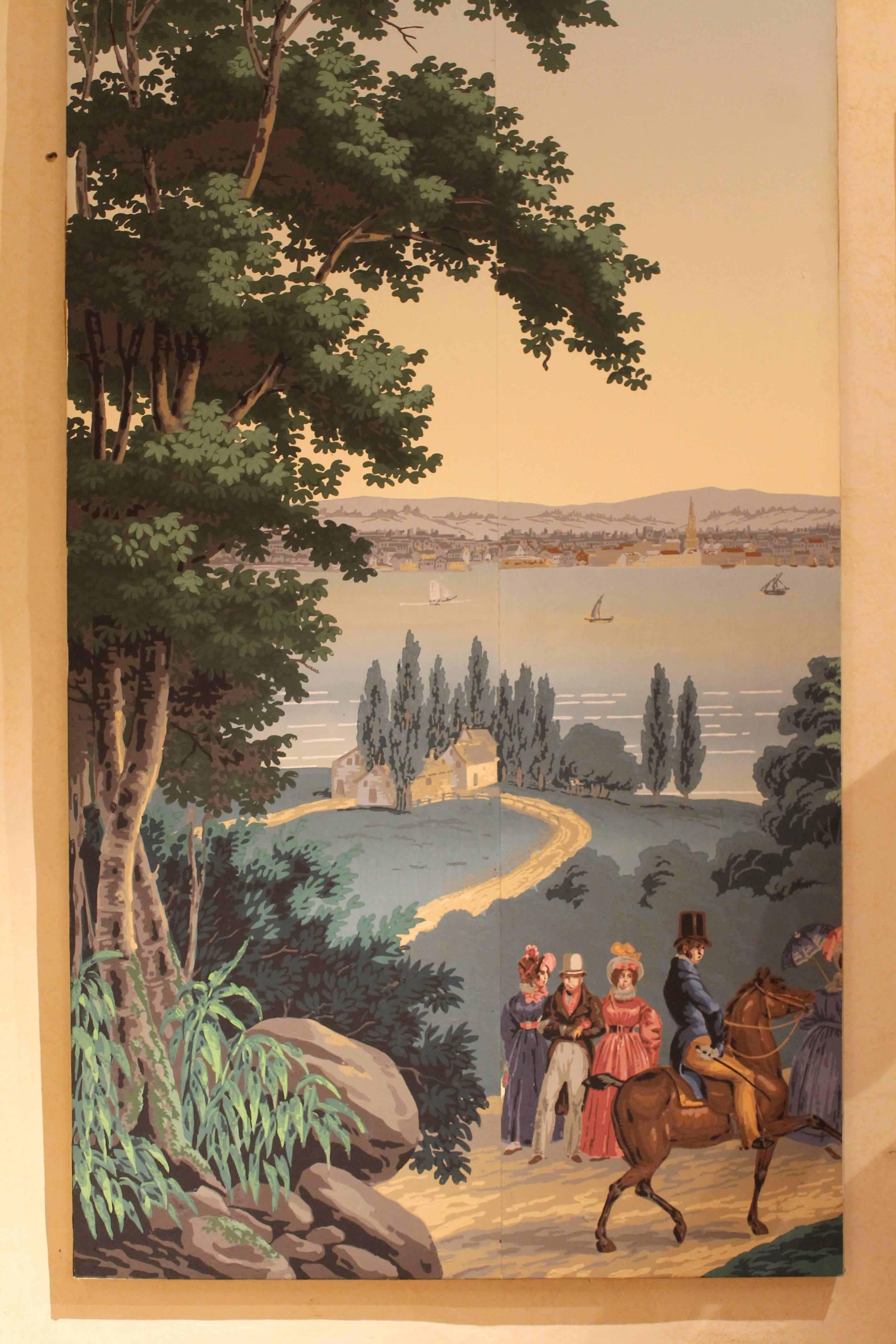 Zuber 19th Century Two Panels Multicolored Wallpaper Depicting a Gallant Scene In Excellent Condition In Firenze, IT