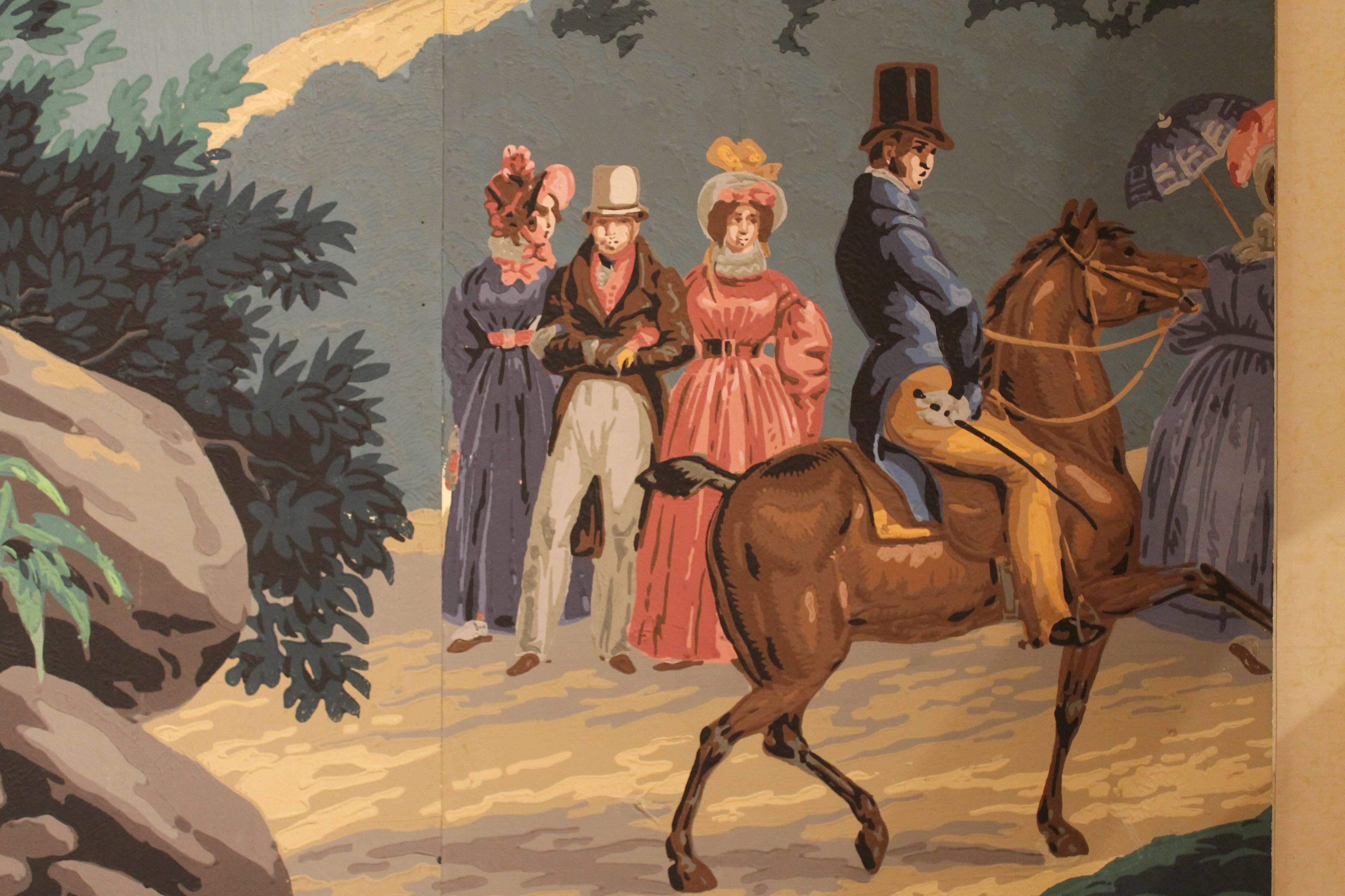 Paper Zuber 19th Century Two Panels Multicolored Wallpaper Depicting a Gallant Scene
