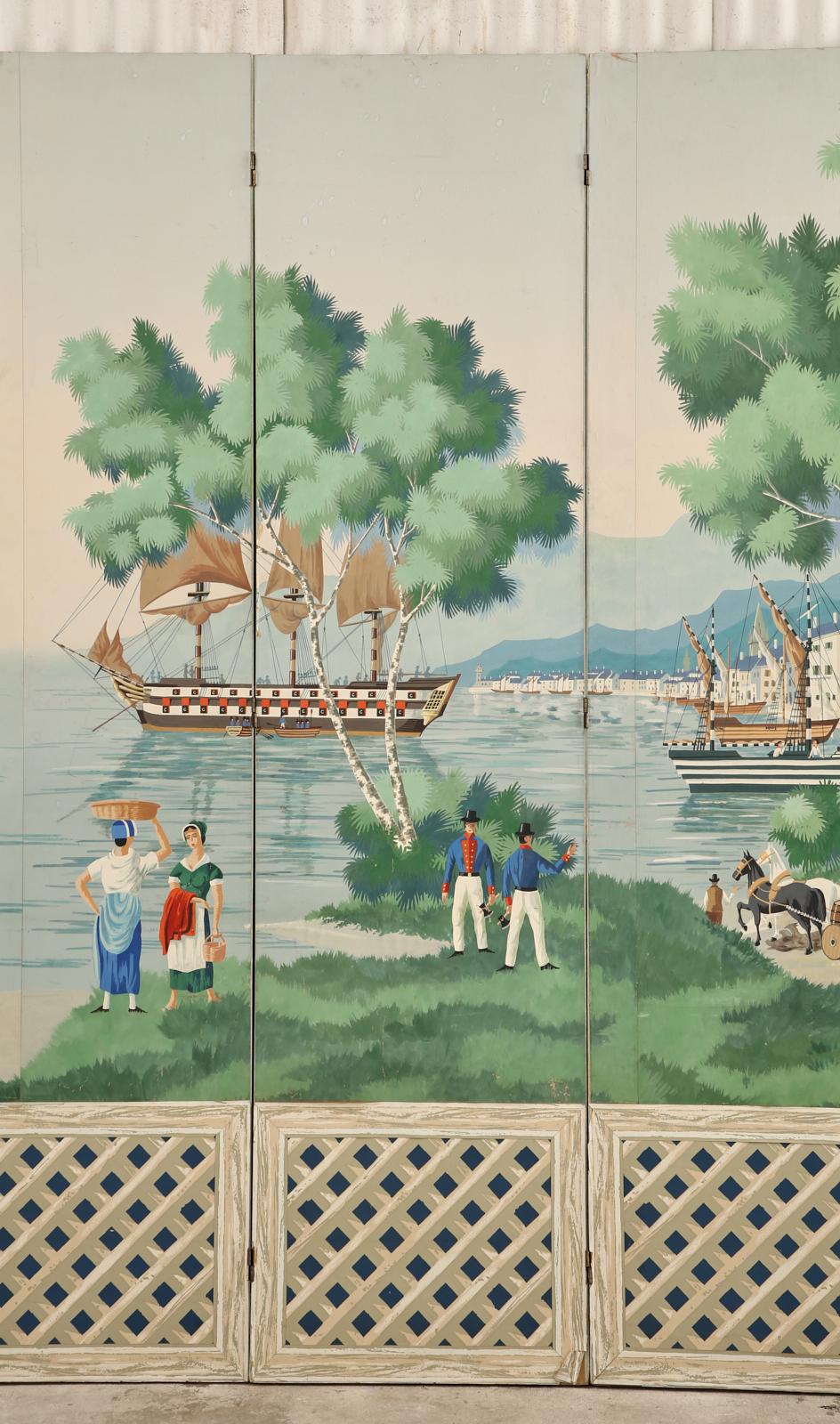 20th Century Zuber and Cie Eight Panel Wallpaper Harbor Scene
