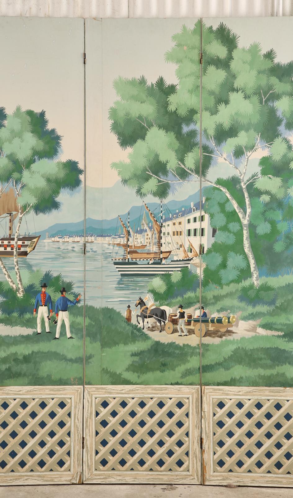 Brass Zuber and Cie Eight Panel Wallpaper Harbor Scene