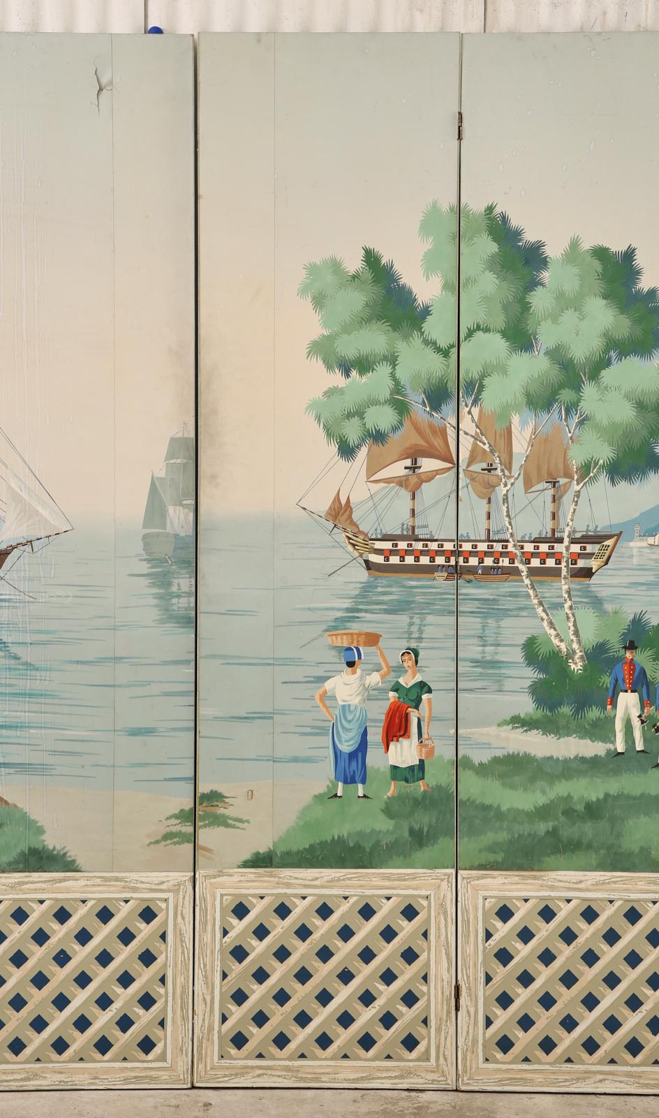 Hand-Crafted Zuber and Cie Eight Panel Wallpaper Harbor Scene
