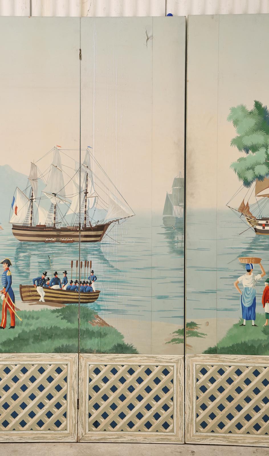 Zuber and Cie Eight Panel Wallpaper Harbor Scene In Distressed Condition In Rio Vista, CA